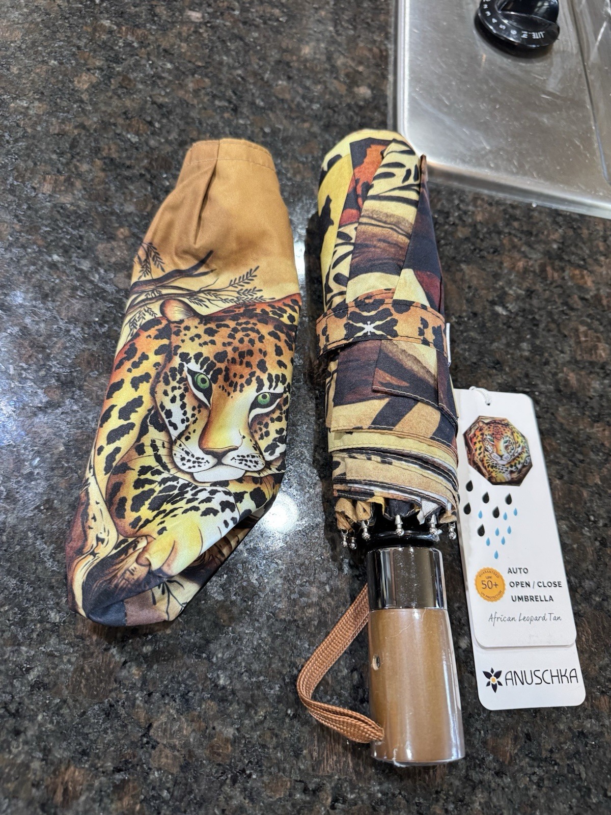 Anuschka Compact Umbrella African Leopard Print NWT