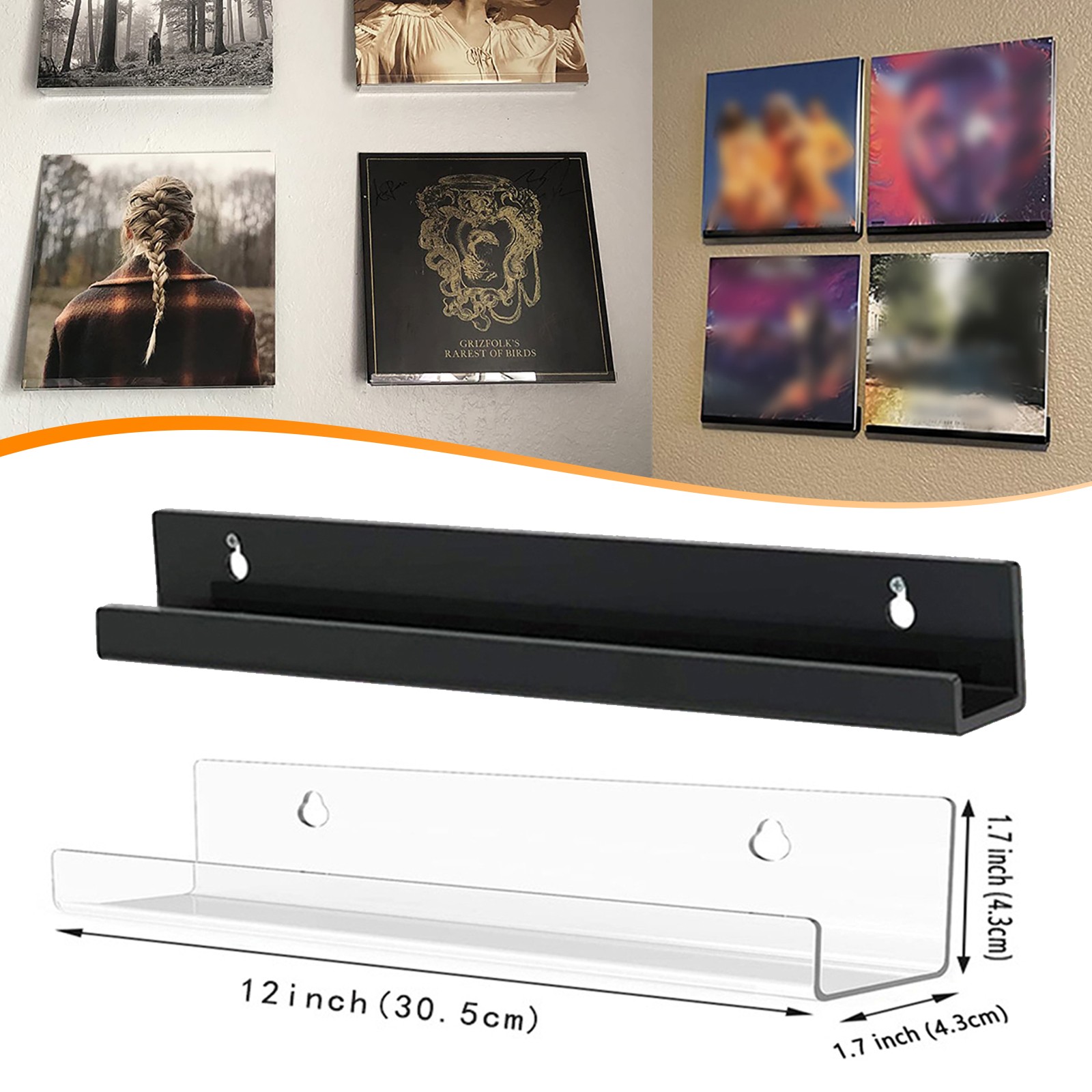 Vinyl Record Shelf Wall Mount, 12 Inch Clear Acrylic Album Record Holder Display