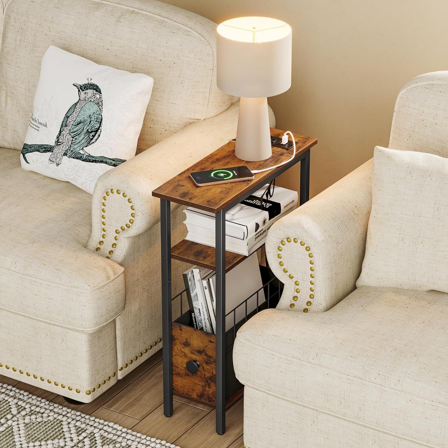 Snughome Narrow Side Table with Charging Station, Slim End Rustic Brown