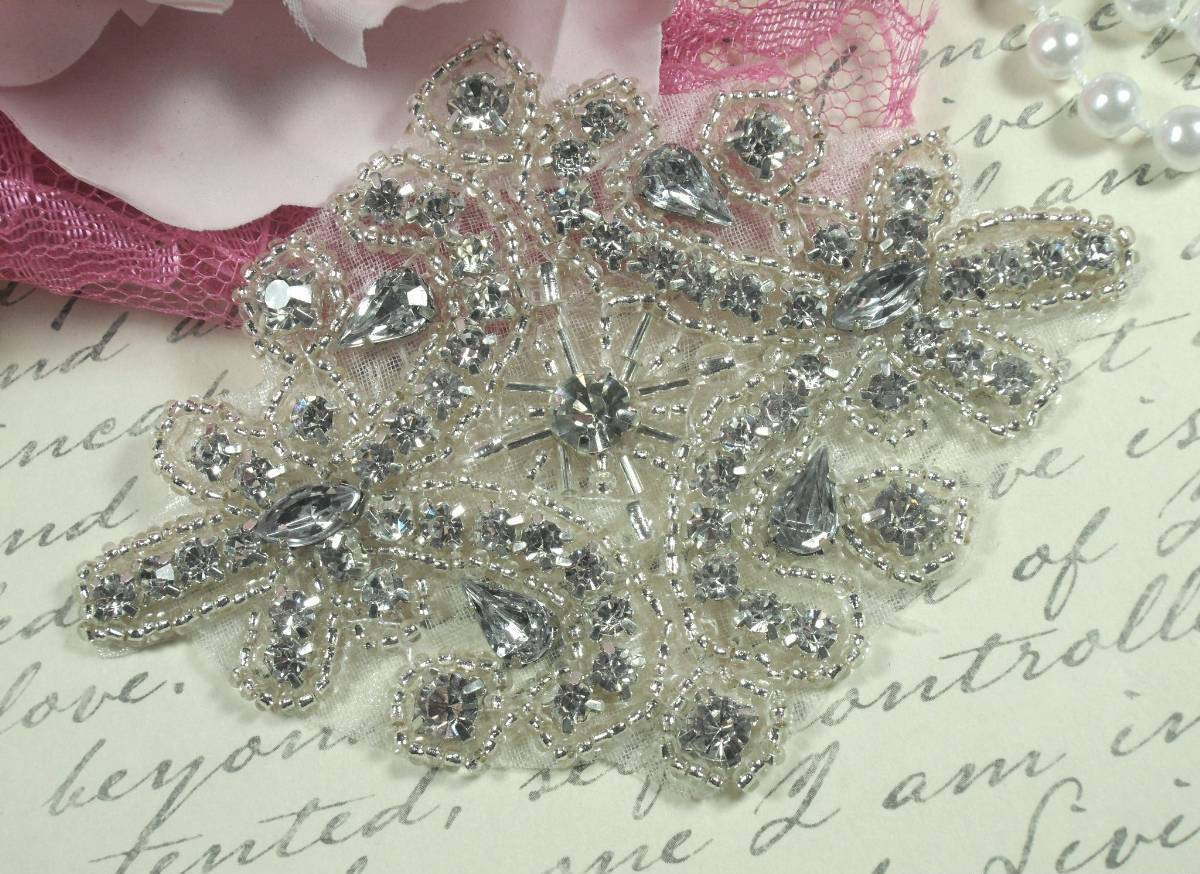 JB23 Crystal Rhinestone Applique Silver Beaded w/ Teardrop settings Sewing 4"