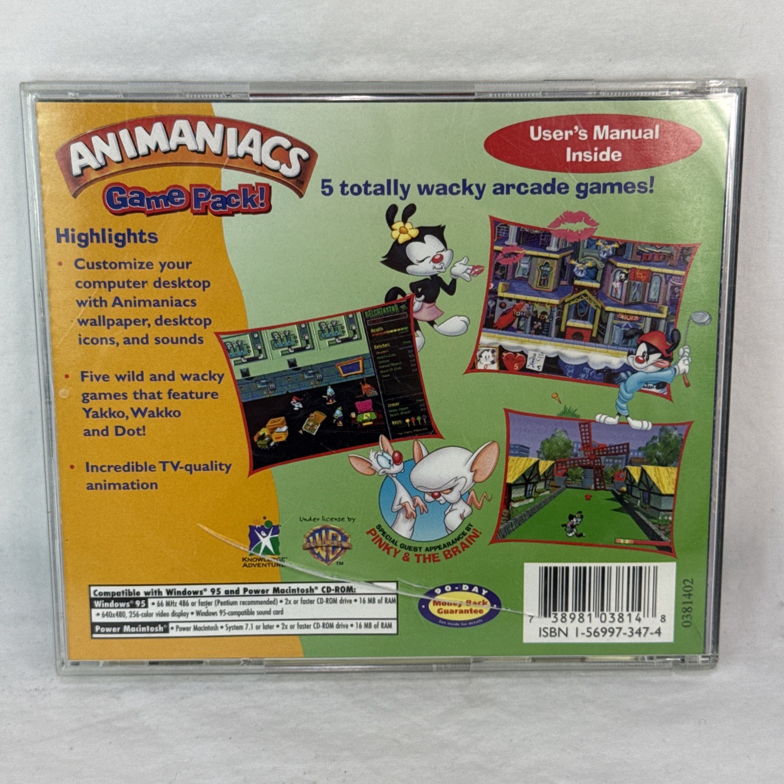 Animaniacs Game Pack PC CD ROM Windows 95 Play Zone VTG CIB Complete Funny Bone