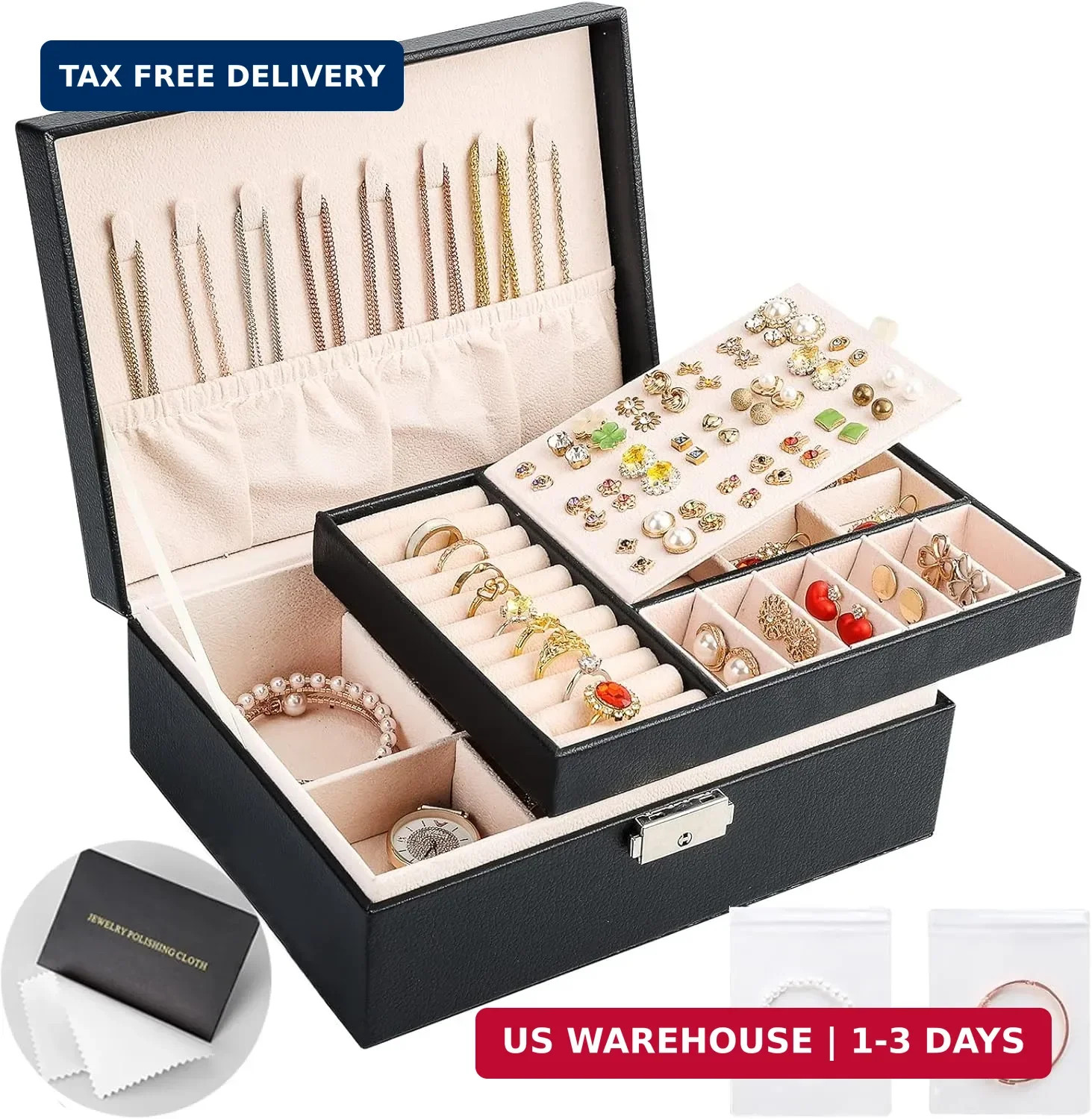 Jewelry Boxes for Women Girls 2 Layers leather Jewelry Organizer Case with Lock