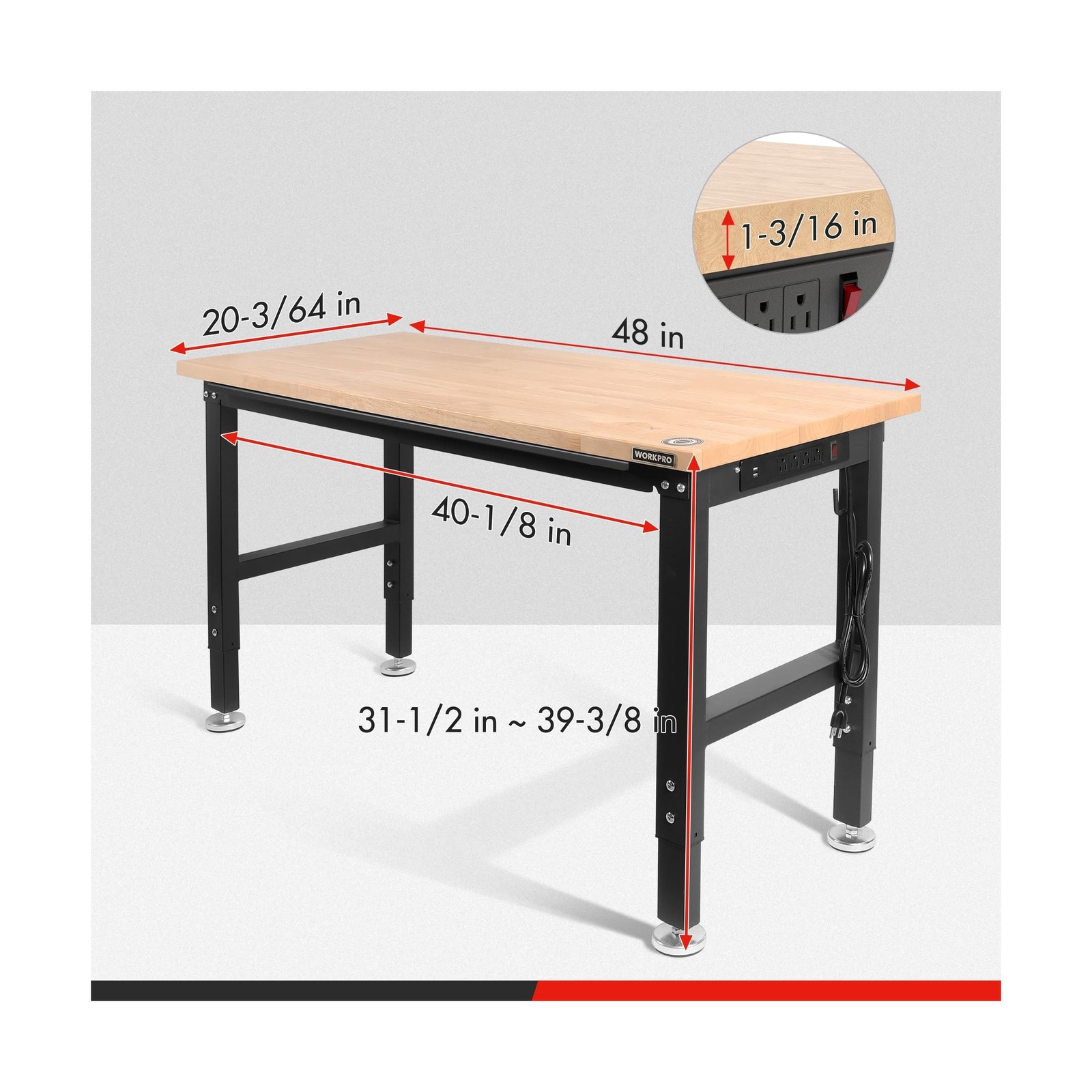 WORKPRO 48" Adjustable Workbench, Rubber Wood Top Heavy-Duty Workstation, 200...