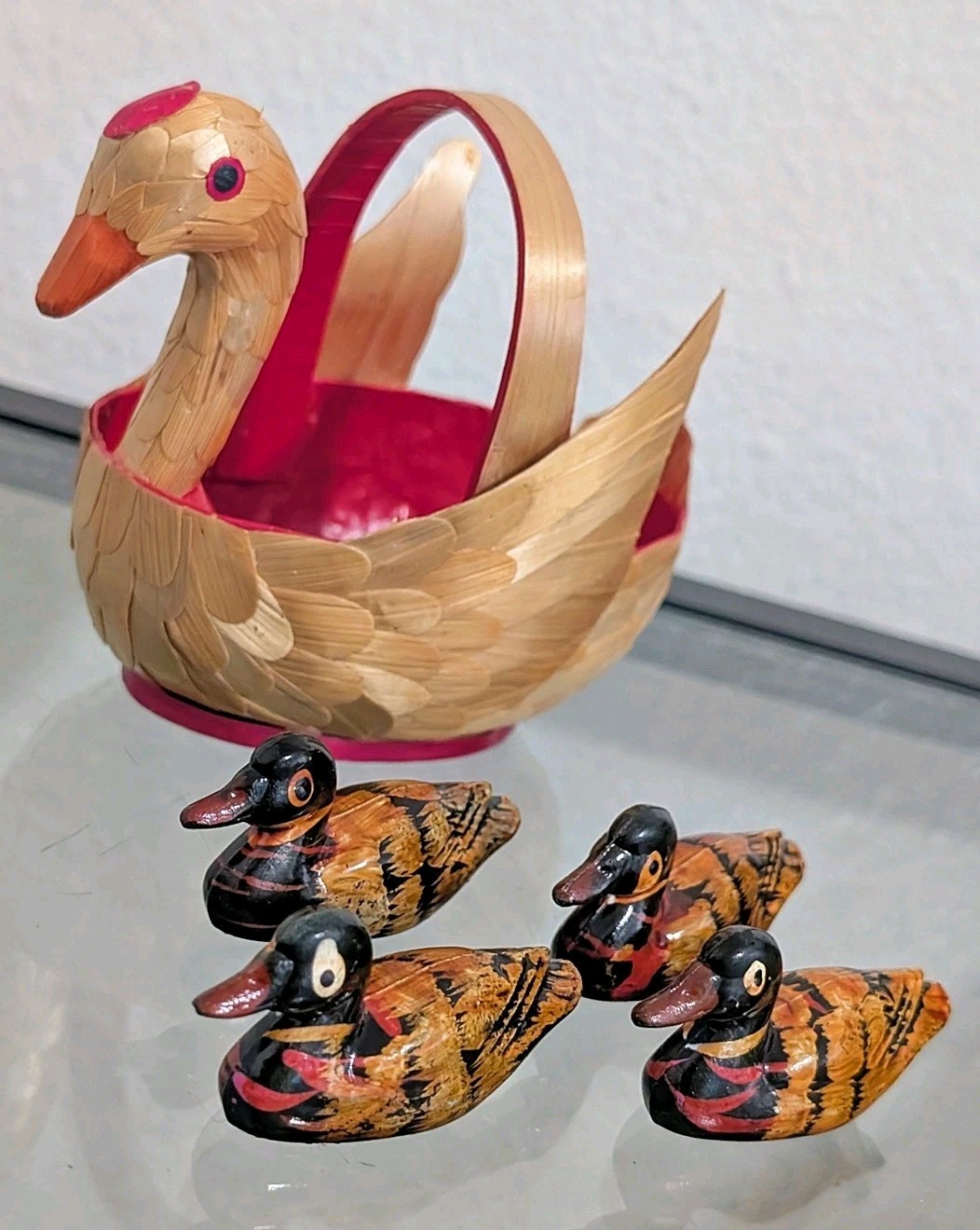 5pc Lot Vintage Handmade Duck Swan Wood & Wood Shaving Mini Basket Trinkets
