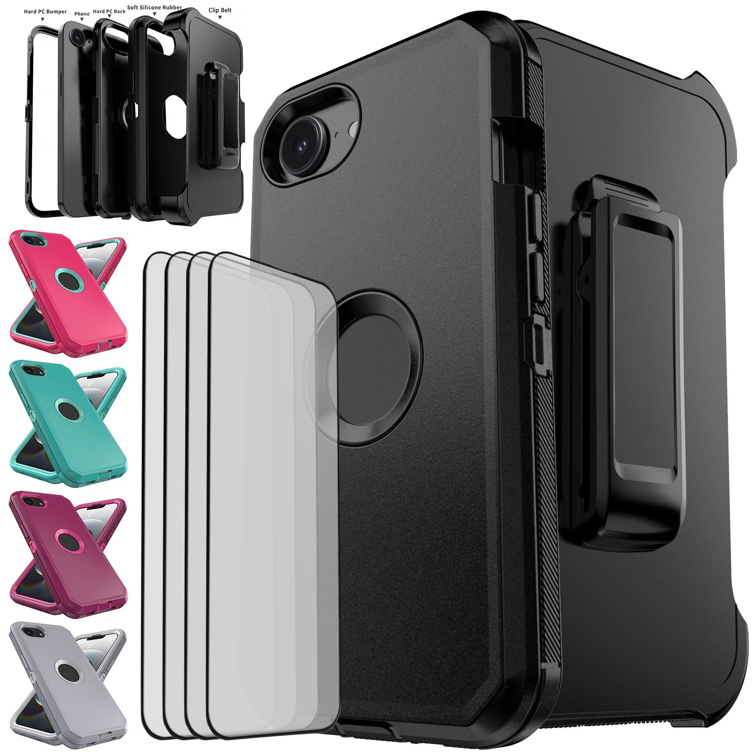 For Apple iPhone 16e 17e Case Hybrid Heavy Duty Cover Holster / Screen Protector