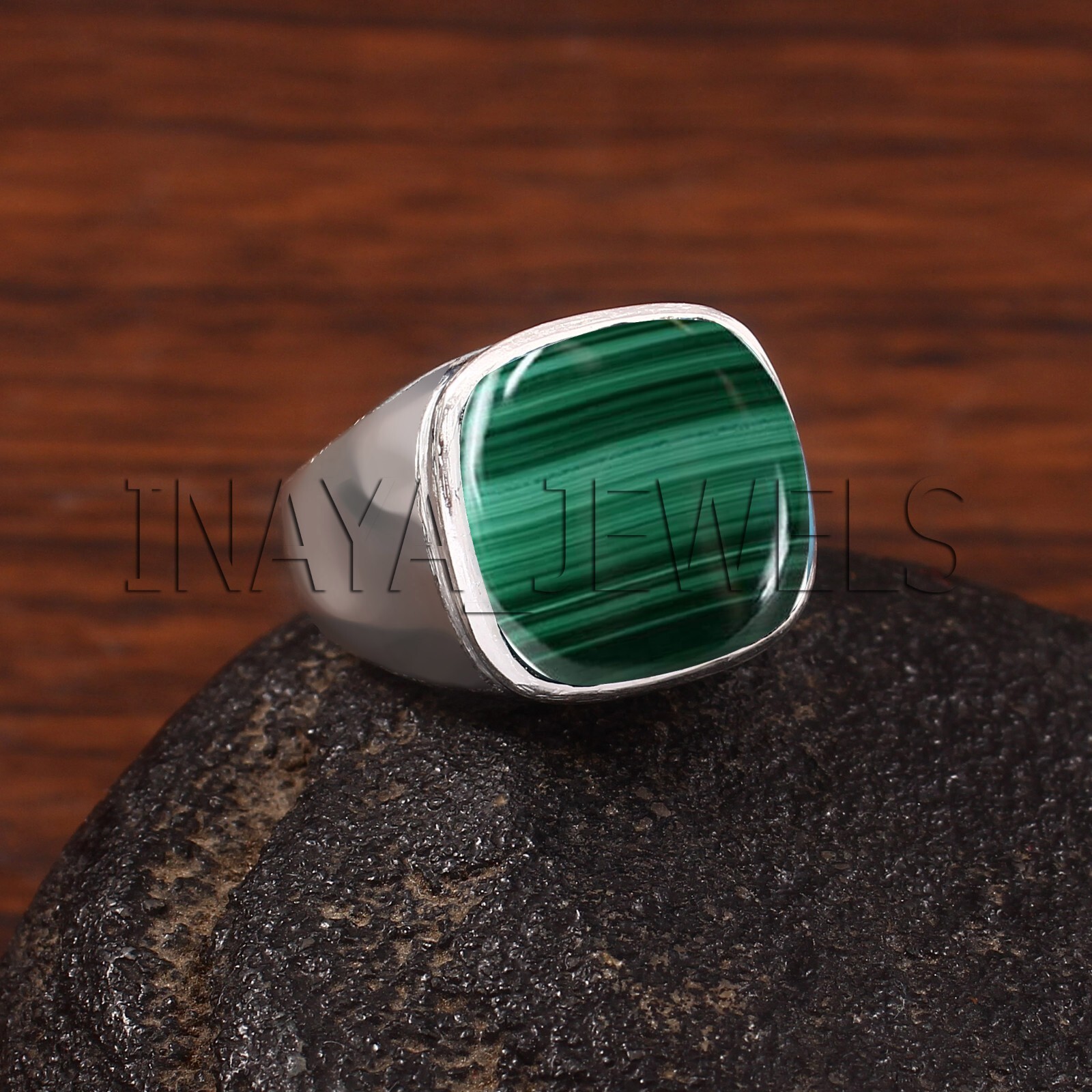 Natural Malachite Mens Ring Solid 925 Sterling Silver Handmade Husband Gift Ring