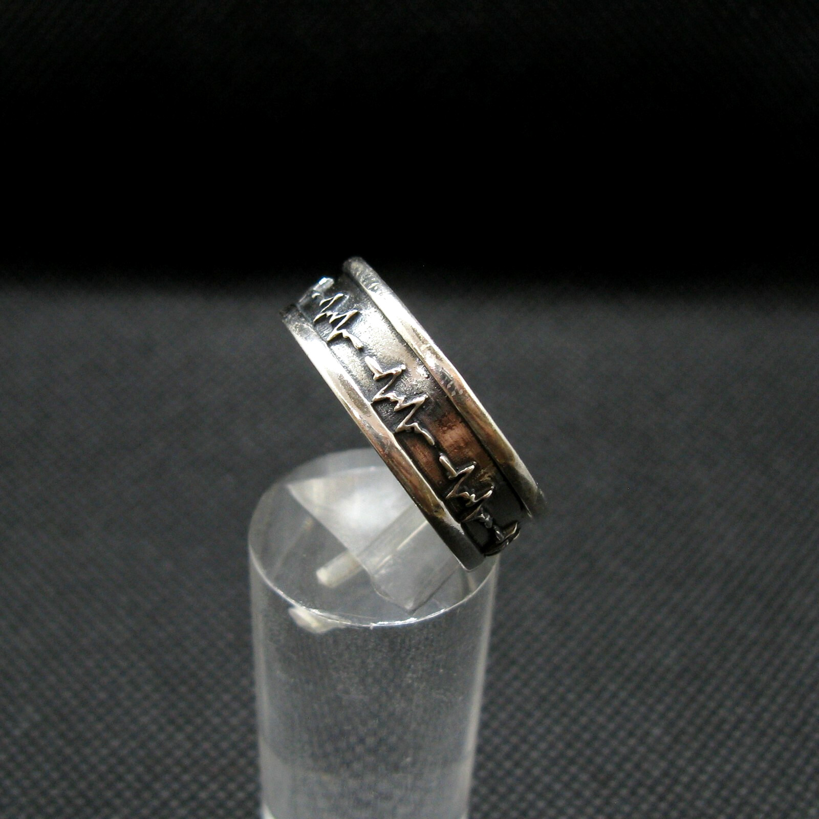 925 Silver Ring Band Handmade Cardiogram Pattern Width 8mm Size 46-75
