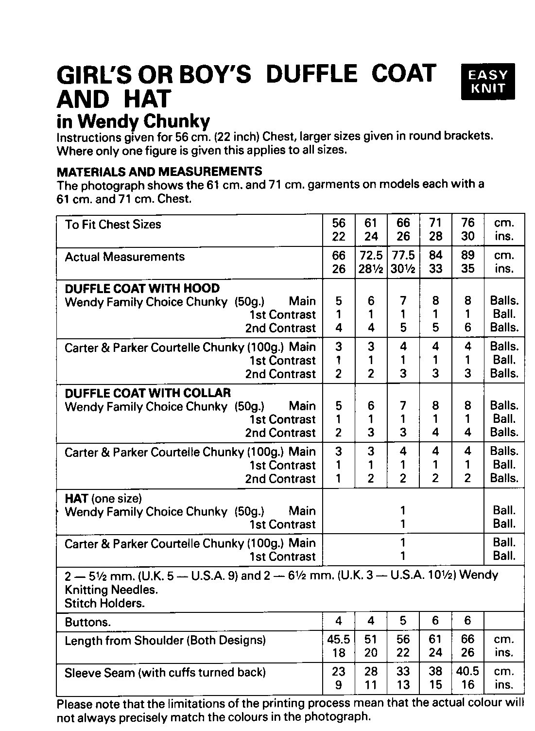 Wendy Knitting Pattern 3850 Chunky Child's Duffel Coat & Hat