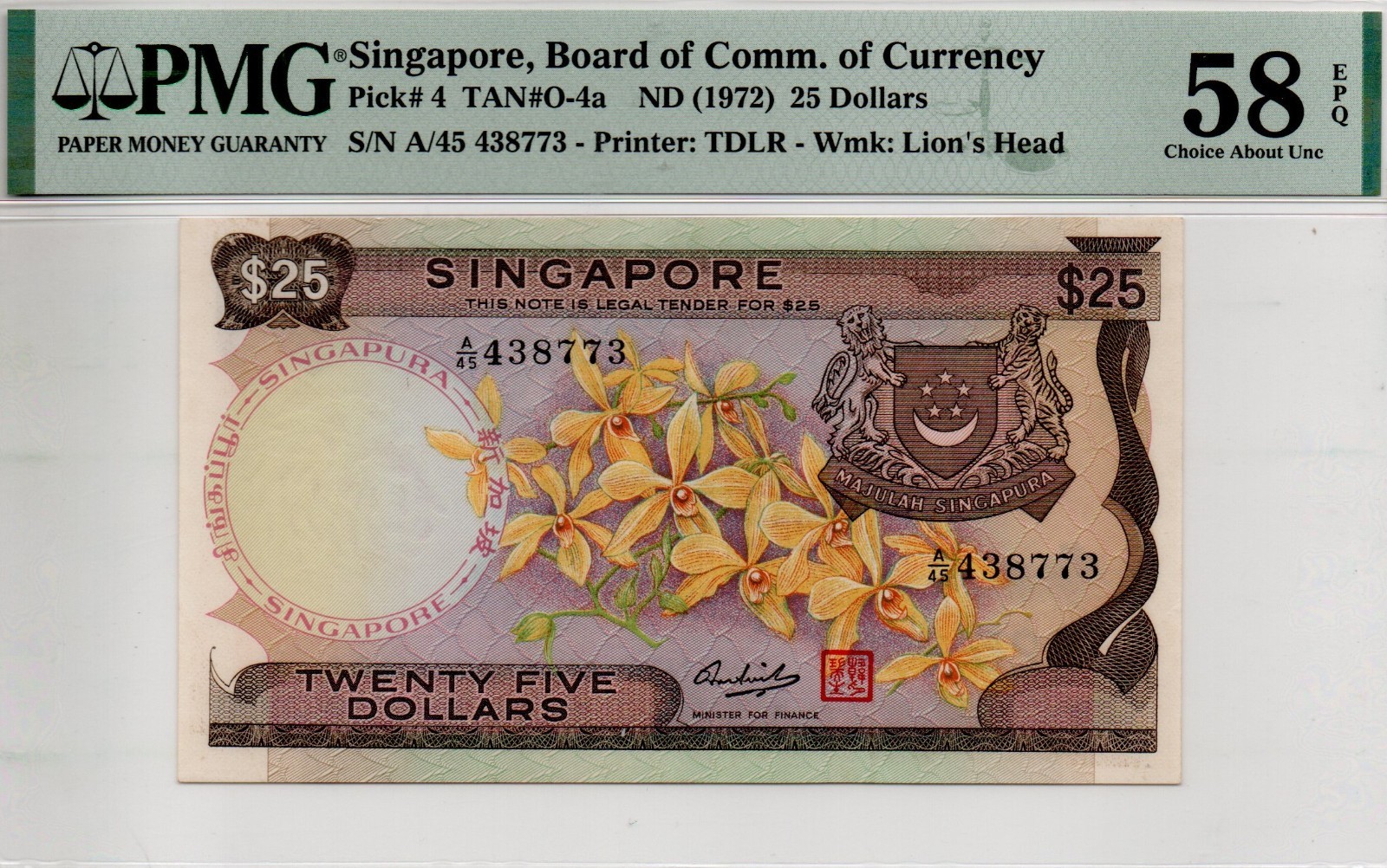 Singapore 25 Dollars 1972 Orchid Pick 4 (PMG 58 EPQ)