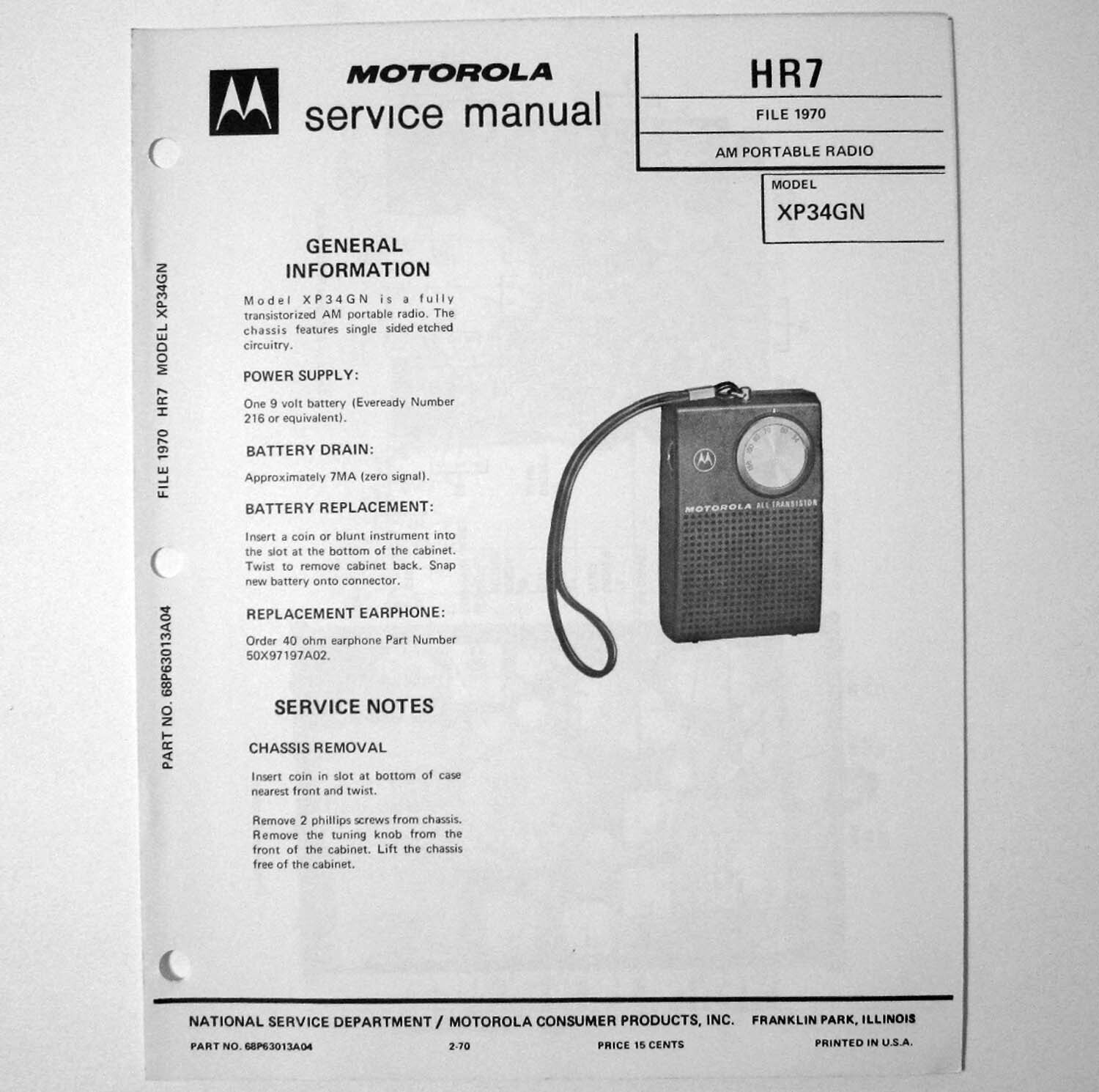Motorola ® Model XP34GN AM Portable Transistor Radio Service Manual © 1970
