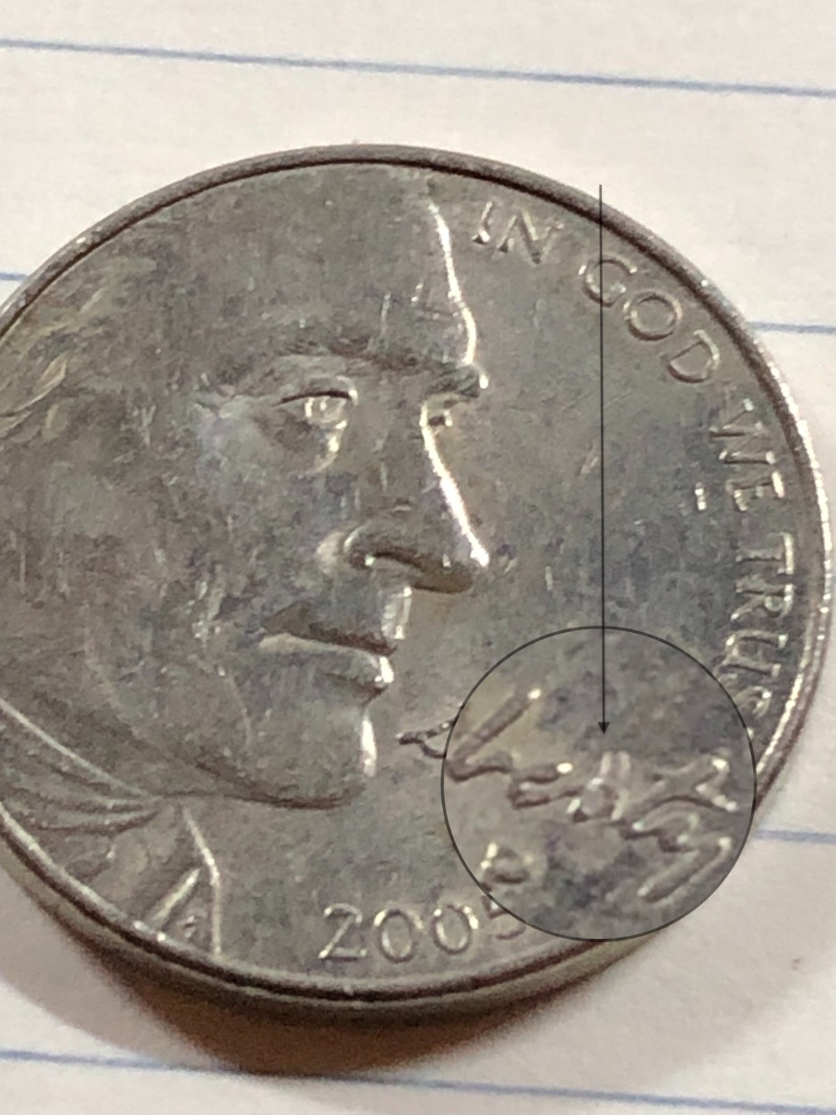 2005 P Nickel with errors on Obverse Missing Letter    #N709