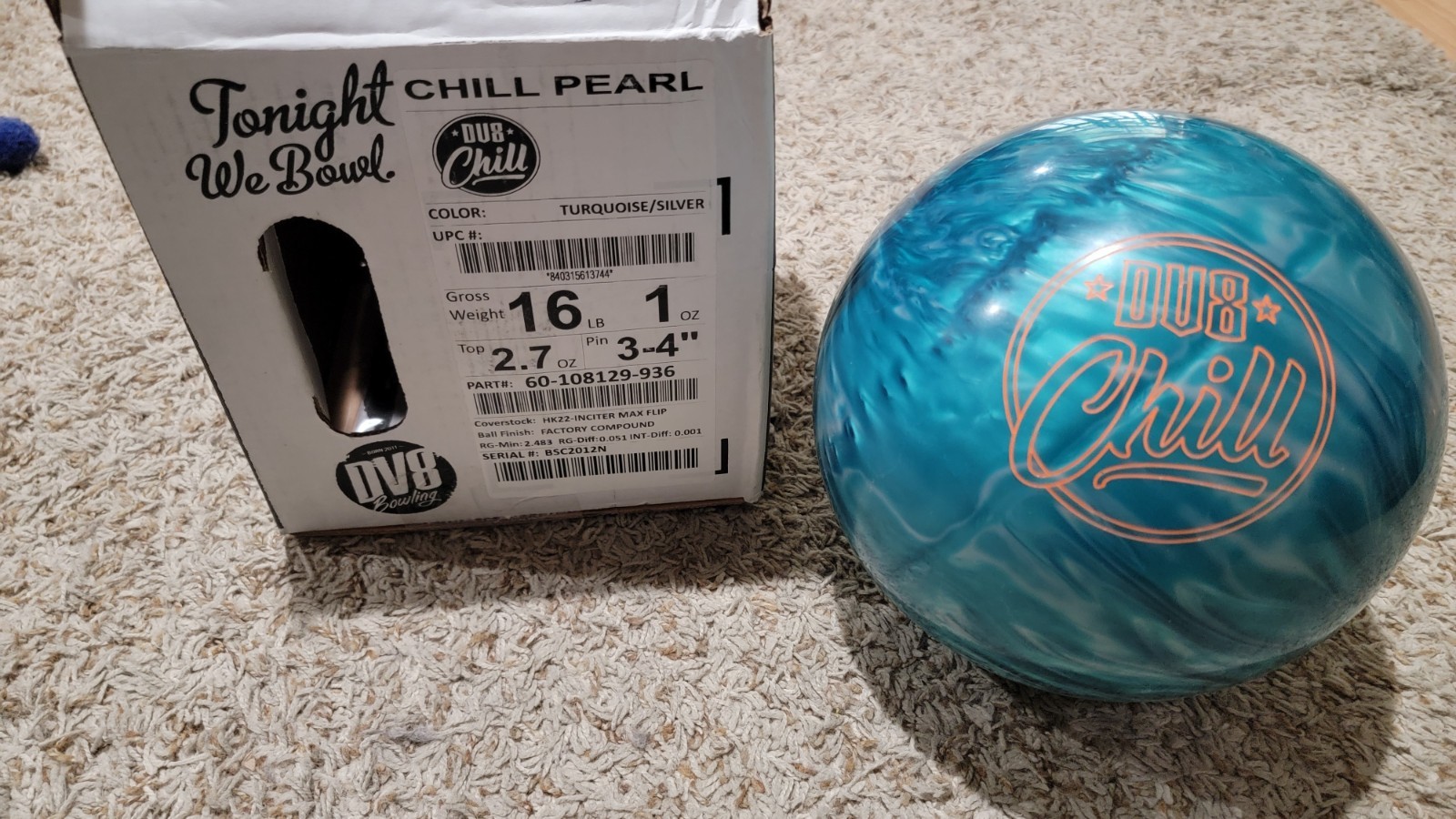 DV8 Chill Pearl Bowling Ball 1st Quality | 16 Pounds | 3-4" Pin 2.7oz Top Weight