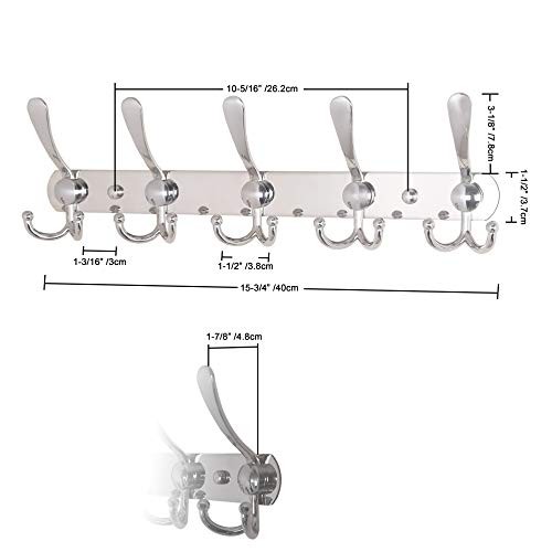 Wall Mounted Coat Rack - 5 Tri Hooks, Heavy Duty, 2 Pack Chrome Finish
