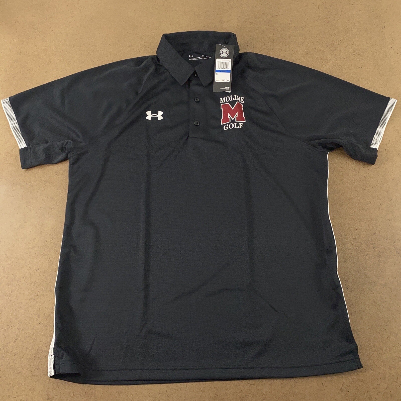 Under Armour HeatGear Men's Size XL Loose Black Moline Golf Logo Polo Shirt NWT