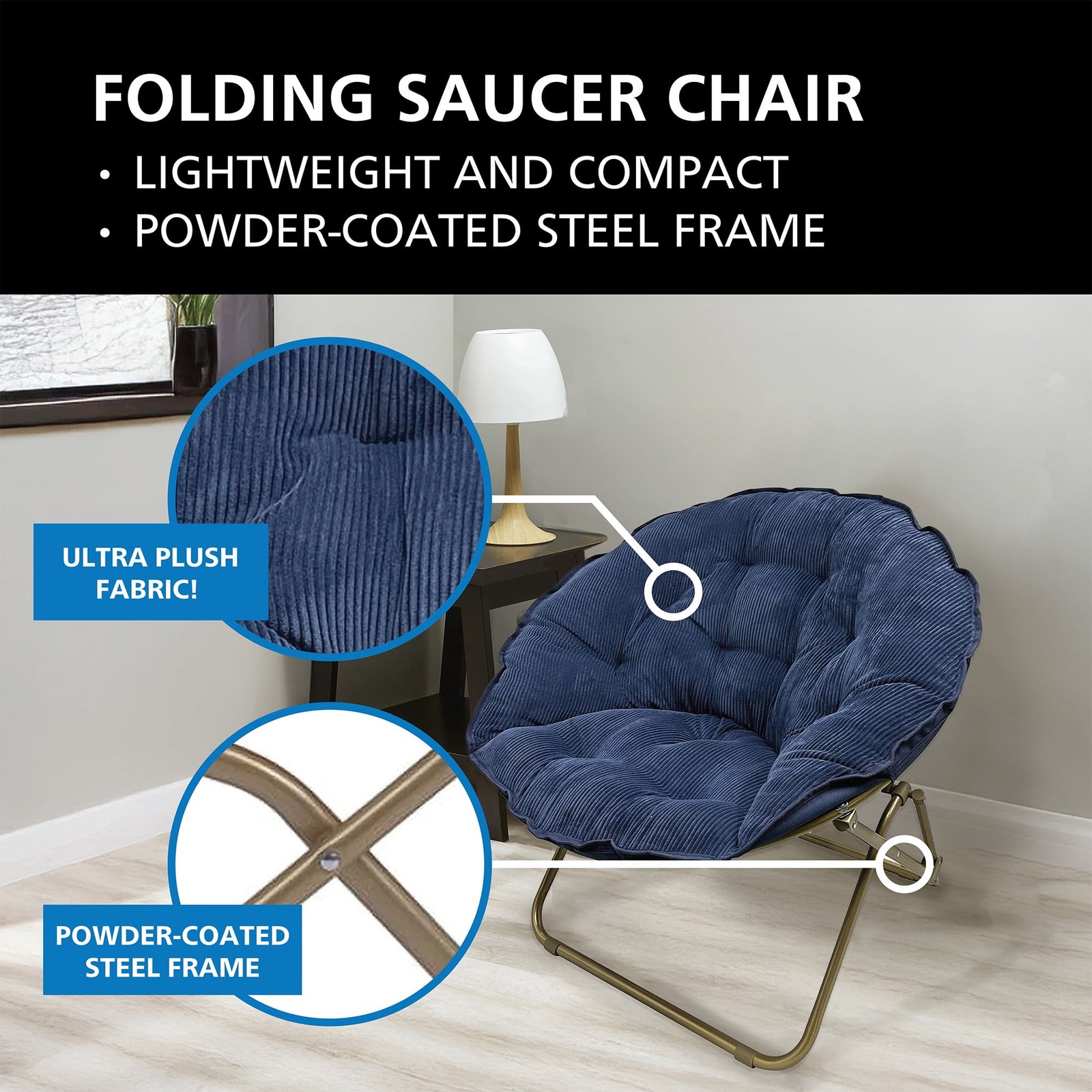 Corduroy Saucer Chair for Kids and Teens with Gold Legs, Washed Indigo