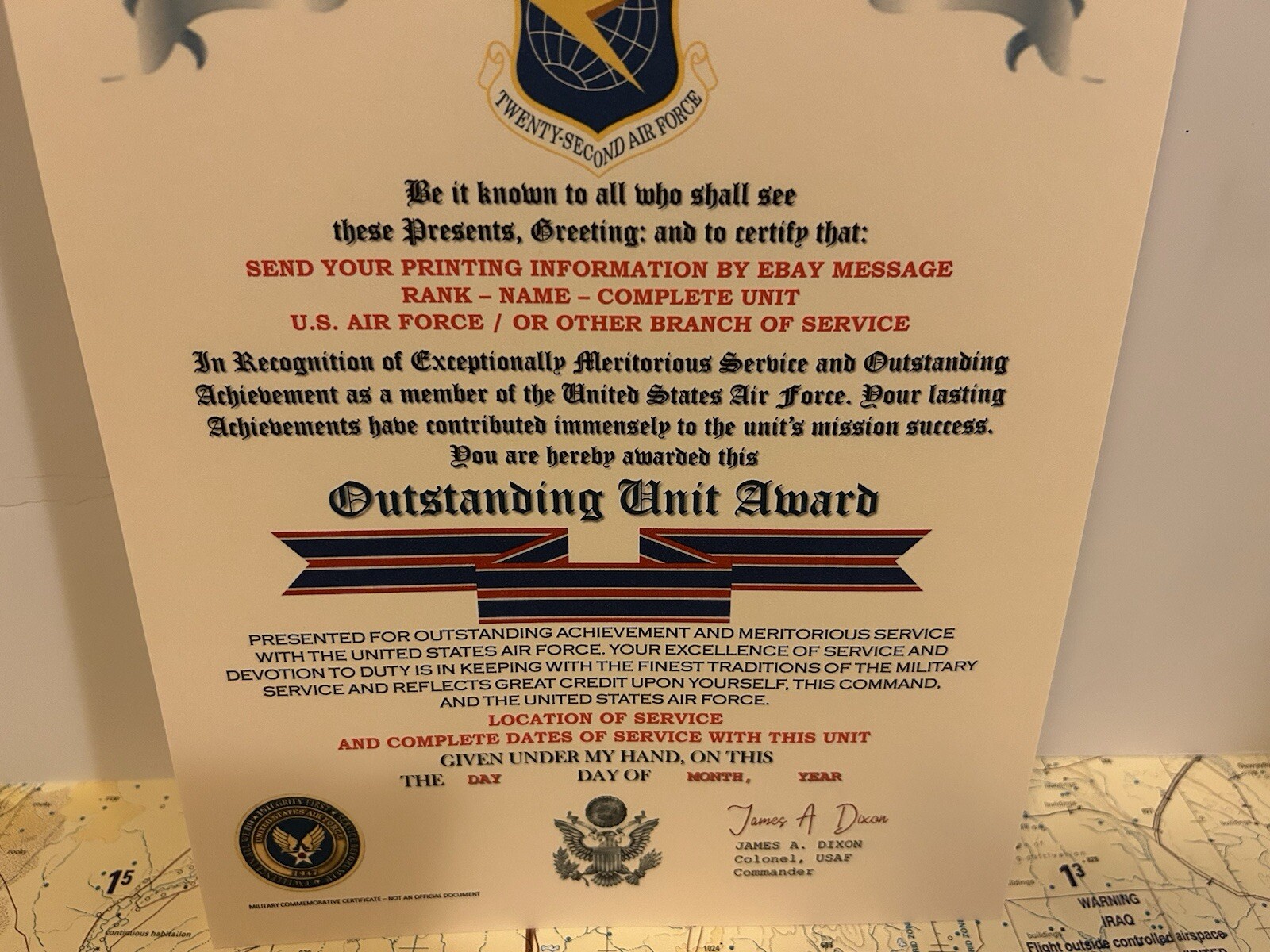 U.S. AIR FORCE / TWENTY-SECOND AIR FORCE - OUTSTANDING UNIT AWARD CERTIFICATE