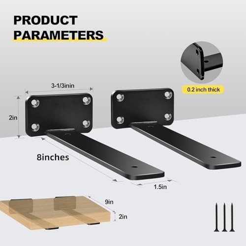 12 Pack 8 Inch Black Hidden L Shelf Bracket Iron Floating Brackets for Support