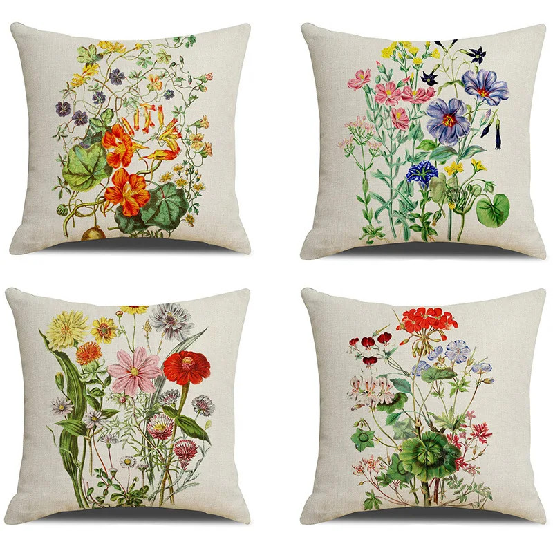 Colorful plants and flowers throw pillow covers with digital printing of short p
