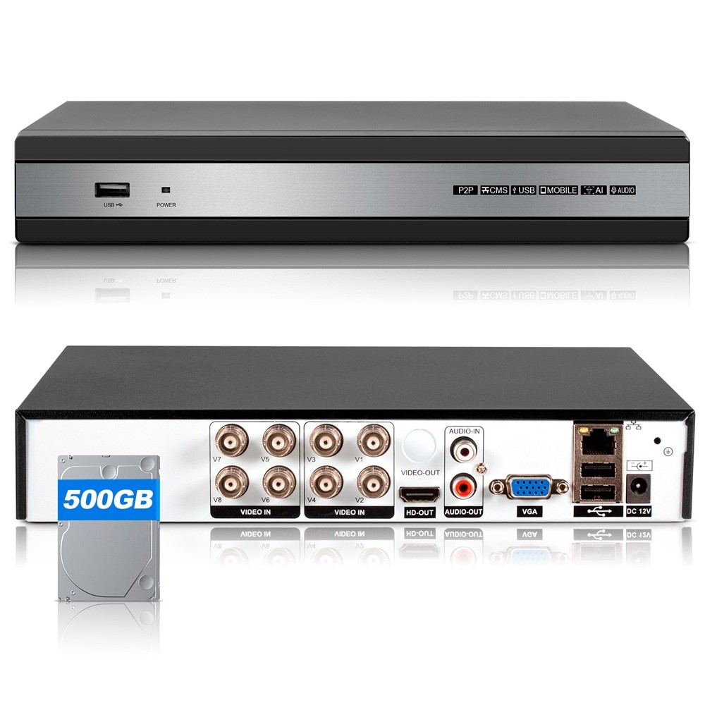 H.265 8 Channel 6in1 Hybrid DVR Surveillance Recorder 500GB Hard Drive Included