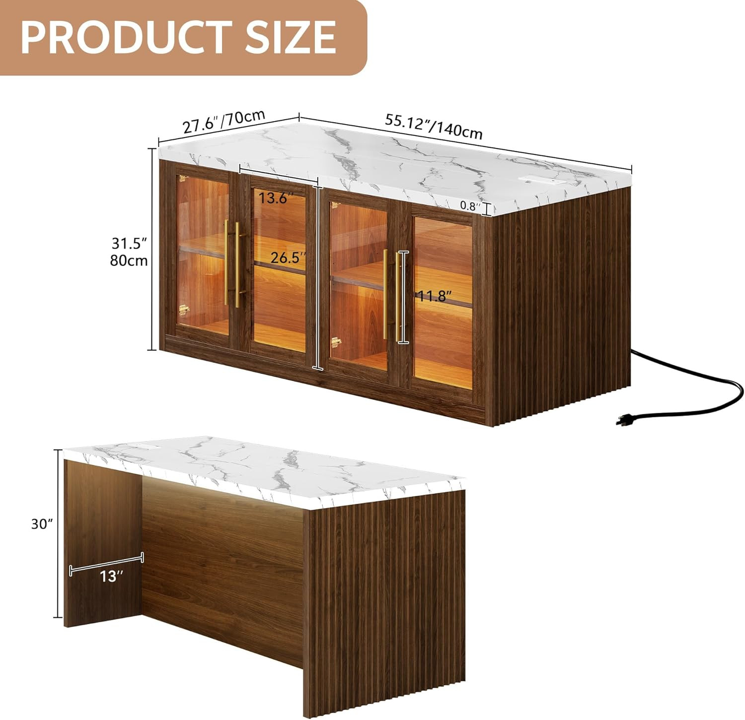 Walnut Kitchen Island with Storage & LED Light, 55" Rolling Breakfast Bar