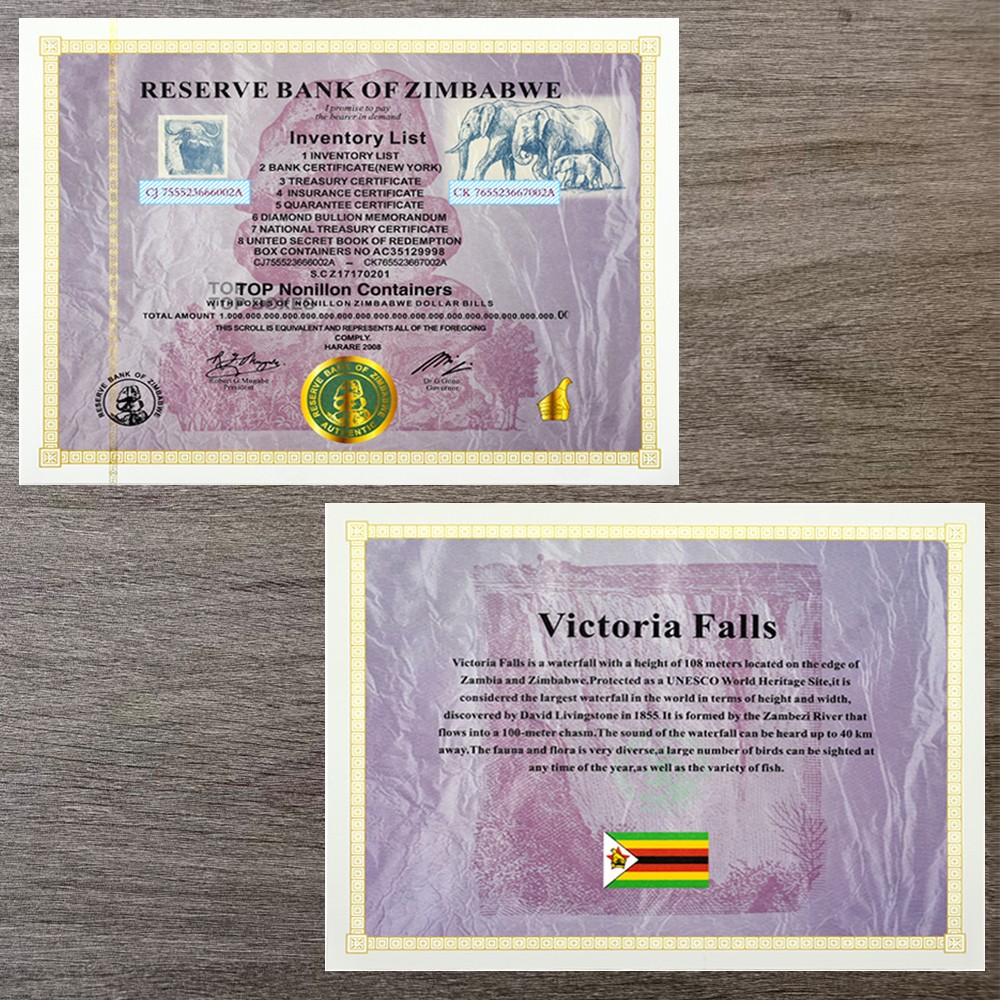100pcs Zimbabwe Banknotes Certificates Top Nonillon Containers with Wooden Box