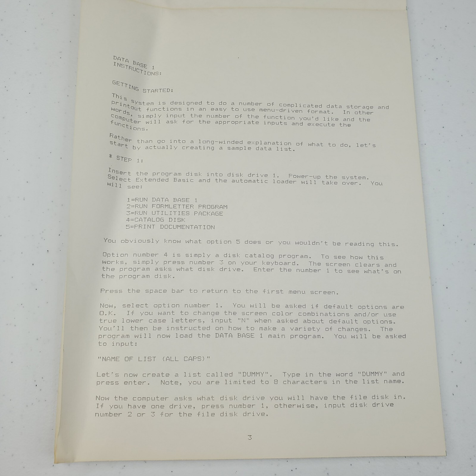 TI-99/4A Data Base 1 Computer Game Manuel Instructions Only Guide SPC Software