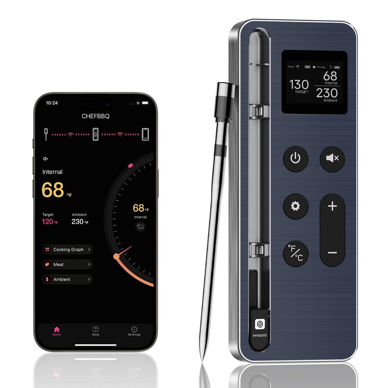Wireless Meat Thermometer 800FT Bluetooth BBQ Grill Smoker Oven Air Fryer Probe