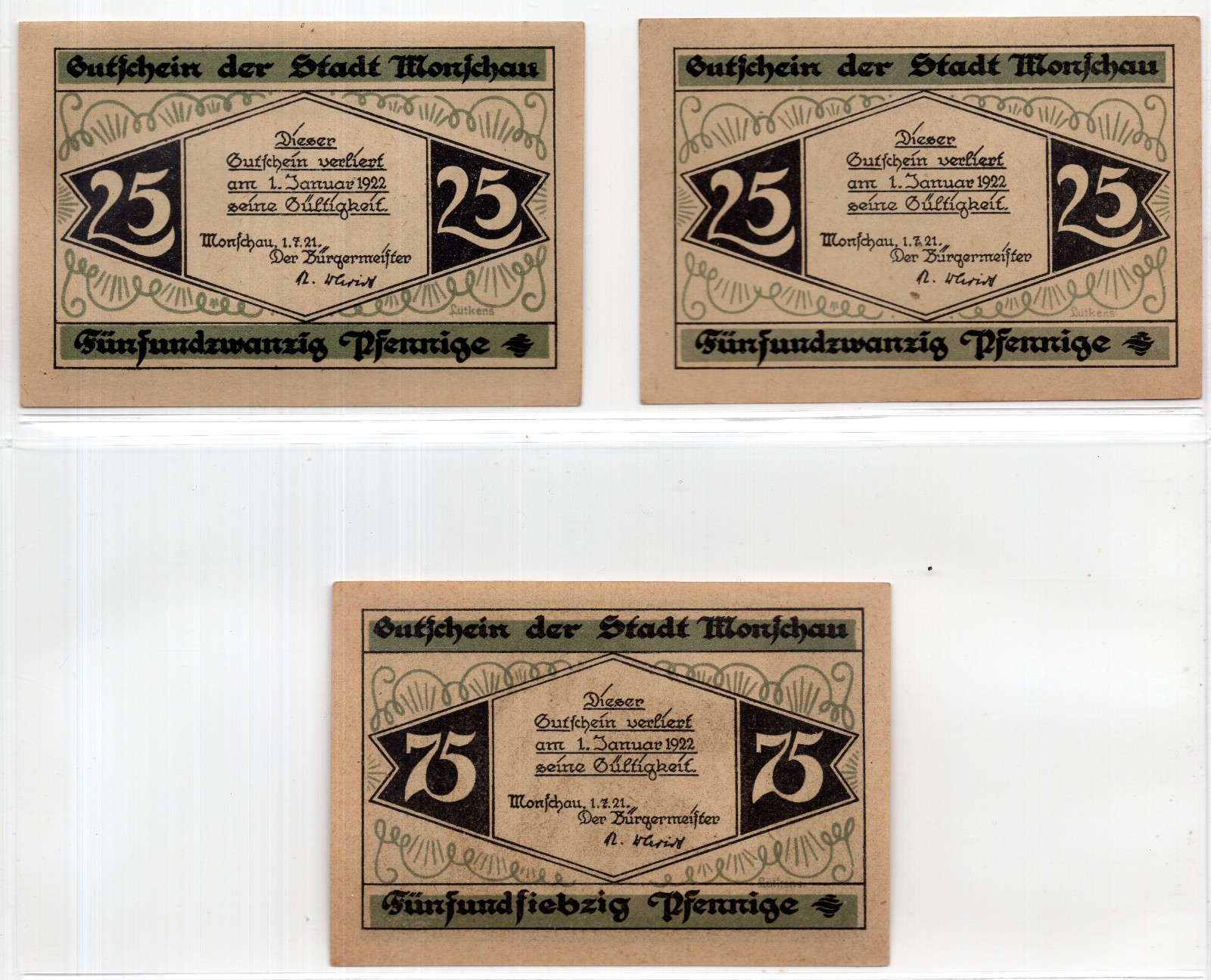 1921 Germany Monschau Notgeld 3 Note Set (3557)