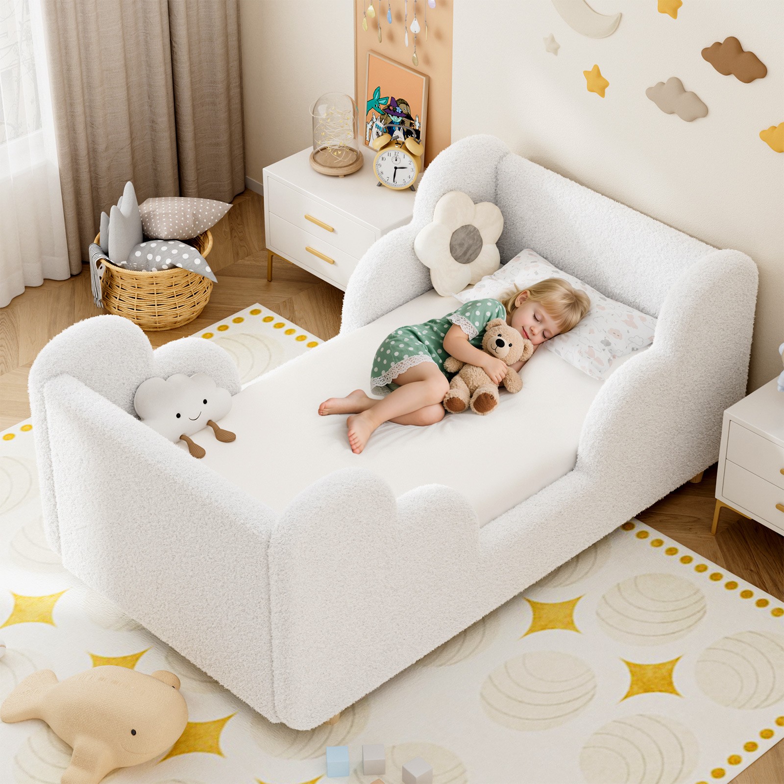 NAIZEA Toddler Bed, Child Bed Kids Teddy Fleece Fabric Standard Crib Toddler Bed