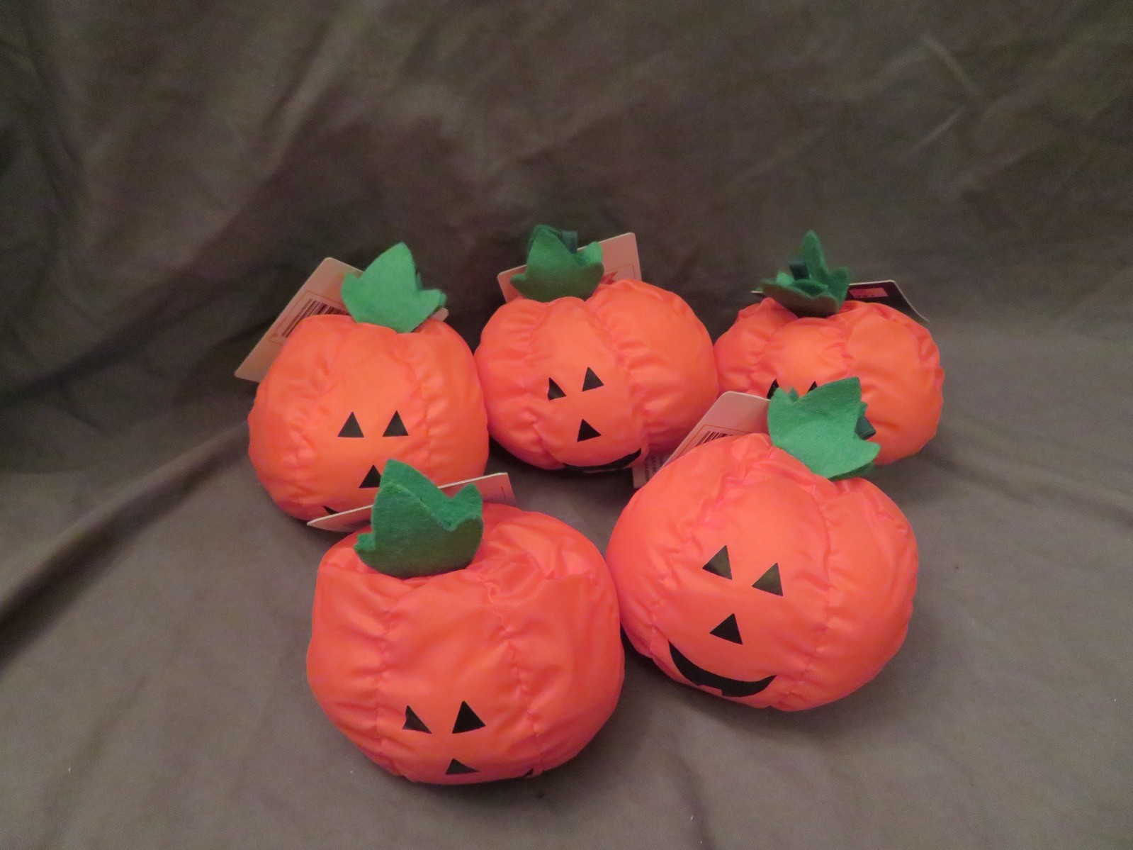 New Vintage Halloween Lot of 5 Mini Parachute Pumpkins Set 4” Tall Orange Vinyl