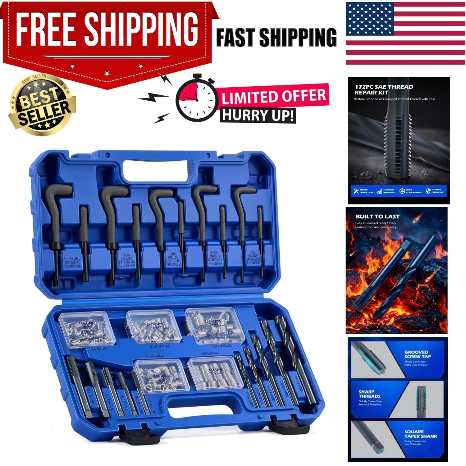 172pc Thread Repair Kit, SAE Helicoil Repair Kit with HSS Drill Bits Taps Ins...