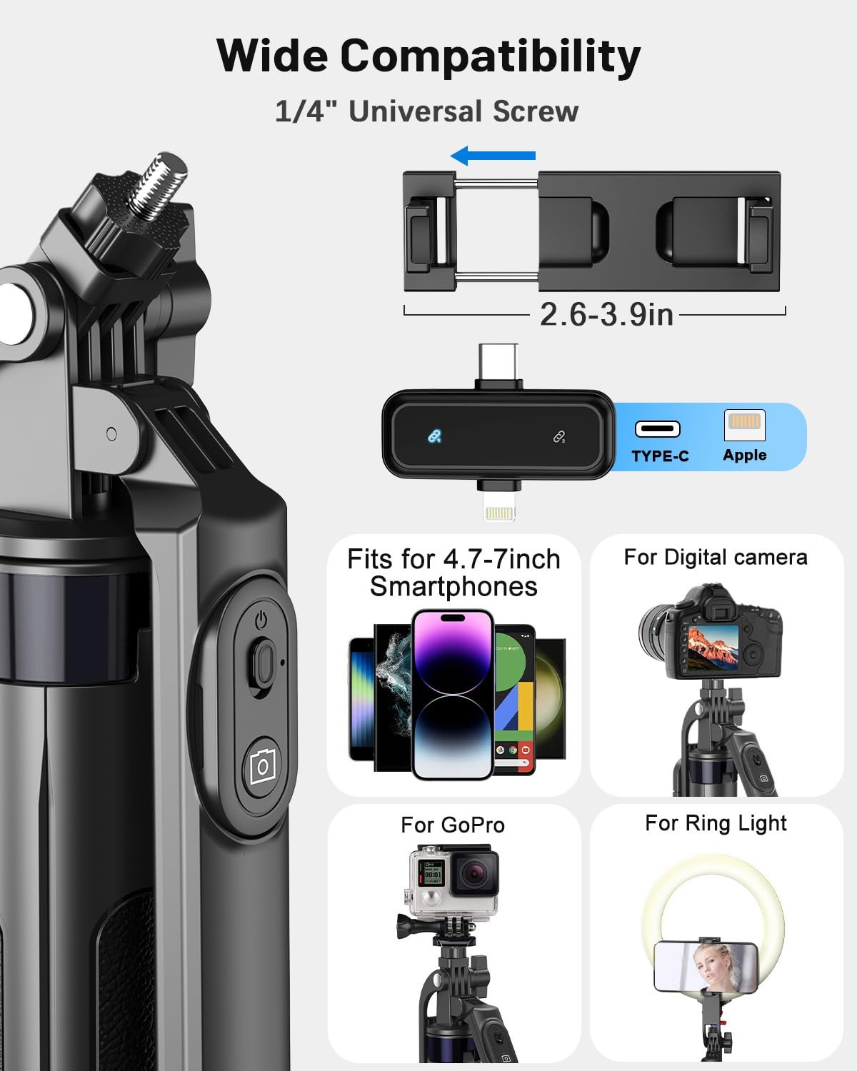 Vlogging Kit for iPhone/Android, Tripod with Large Ring Light & Mic, Black