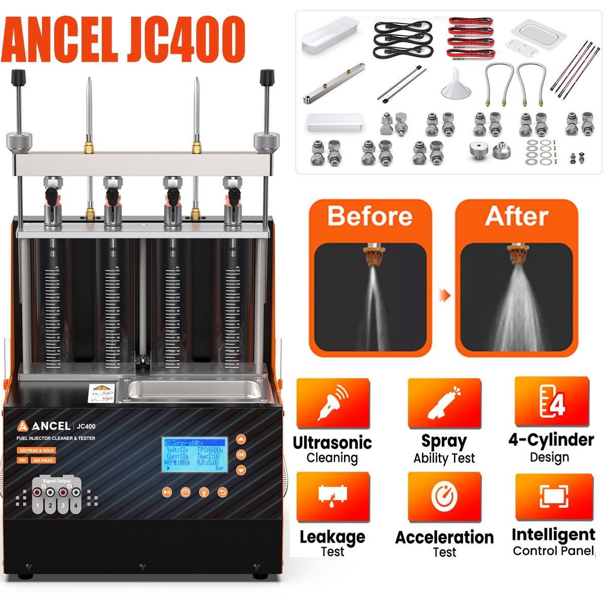 ANCEL JC400 Ultrasonic Fuel Injector Cleaner GDI Piezo Injector Cleaning Machine