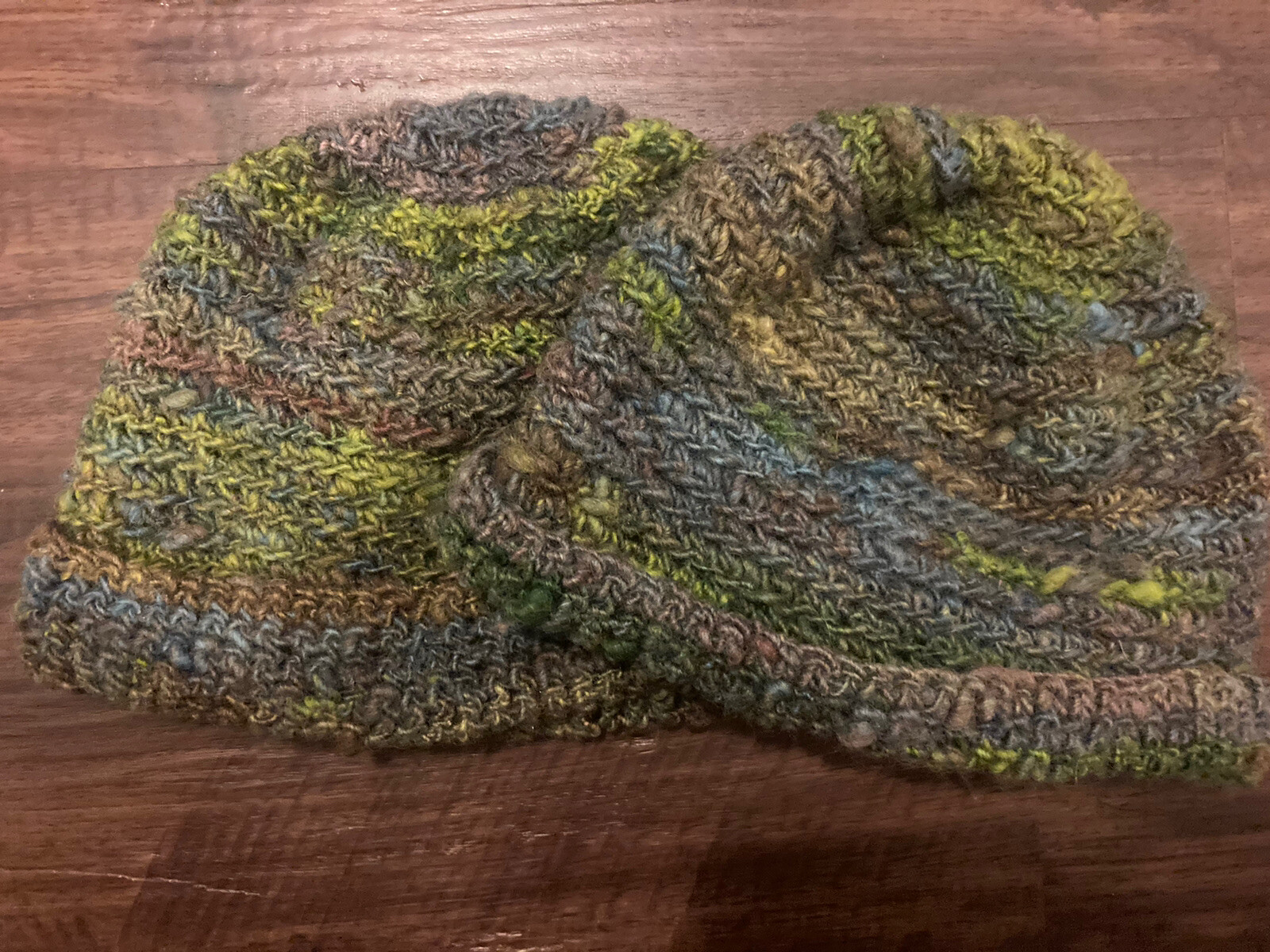 Hand Made Heavy Matching Wool Hats Hand Spun & Crocheted Blue Green & Tan