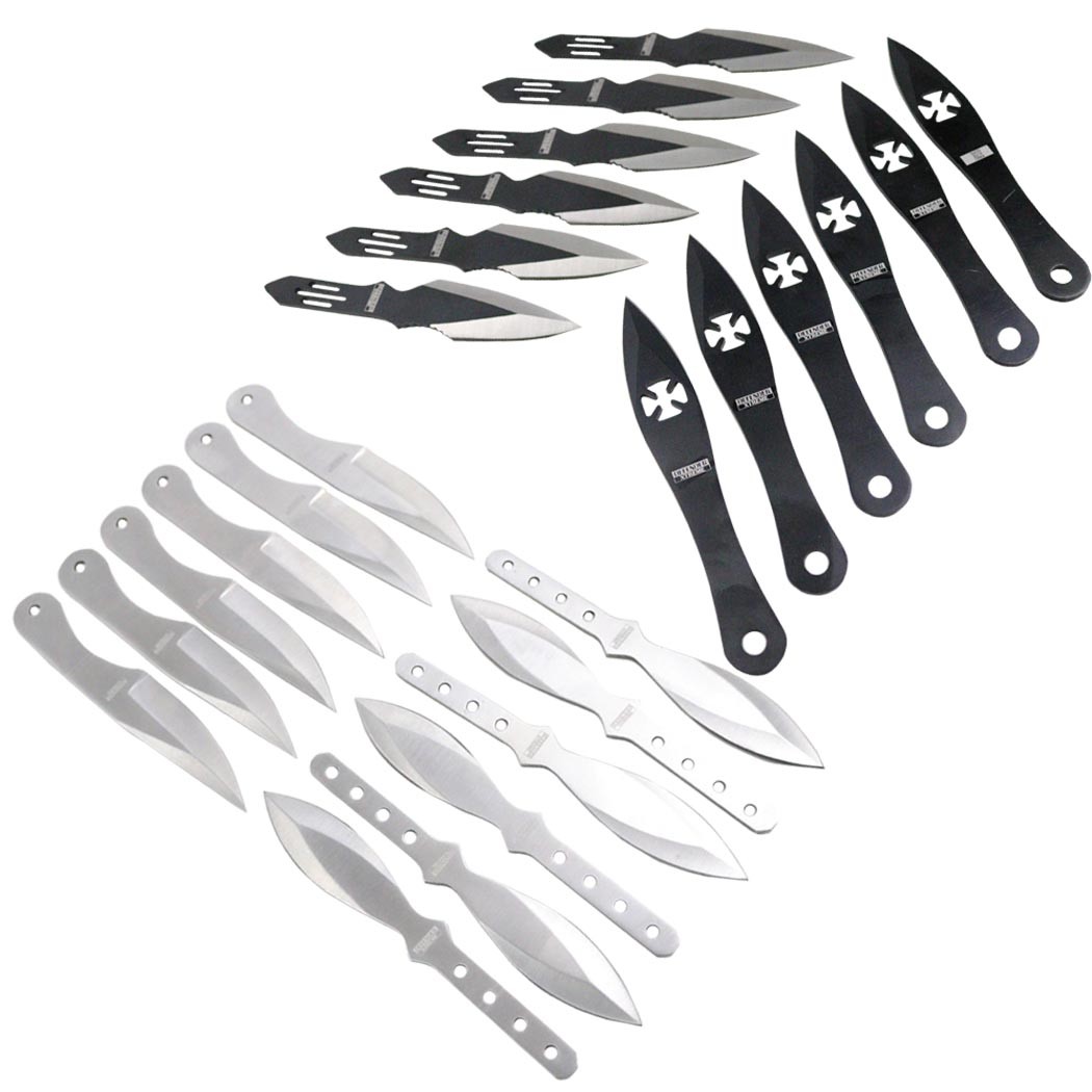 Defender 5.5"" Throwing Knife 24 Pc Set Stainless Steel 4 Styles Black & Silver