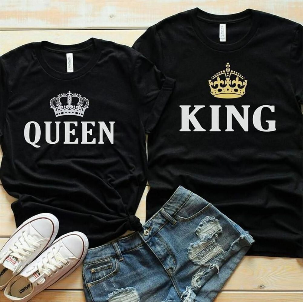 King Queen Crown Print Couple T Shirt Lovers Short Sleeve O Neck Loose Tshirt Fa