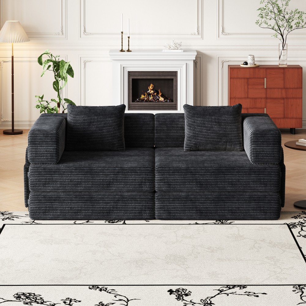 72" Convertible Sofa Bed w/ Storage Pockets & Cushions, Corduroy Fabric