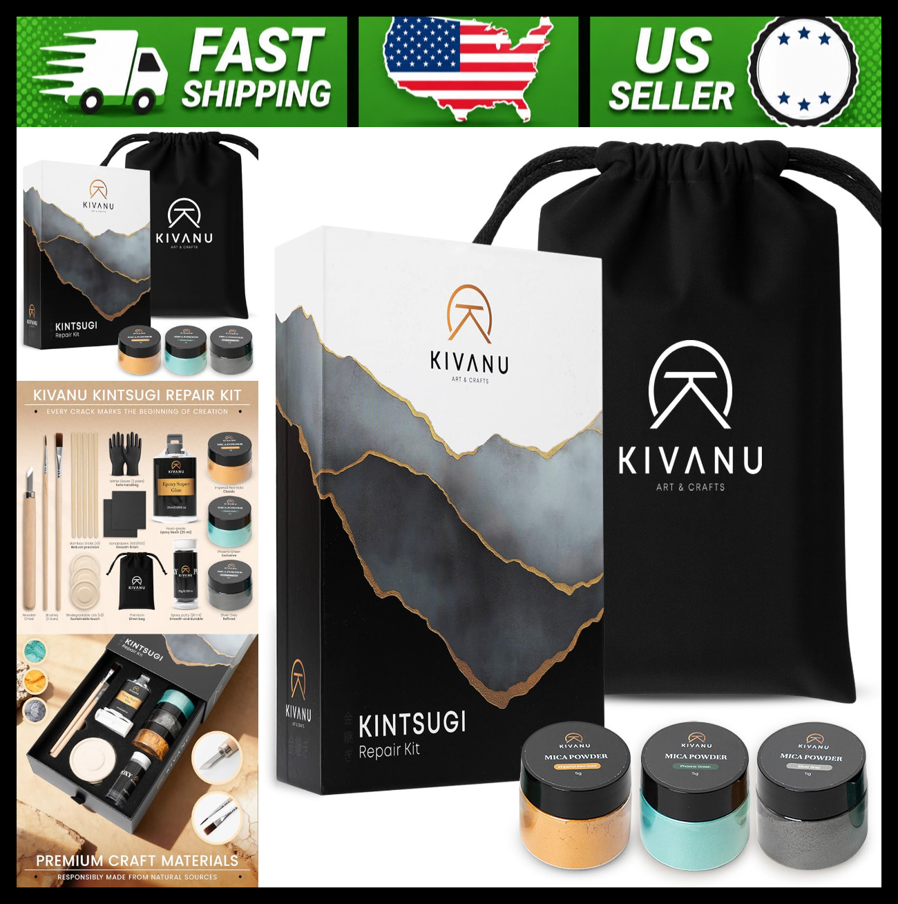 KIVANU Kintsugi Ceramic Repair Kit with Food Safe Epoxy Gold Silver Green