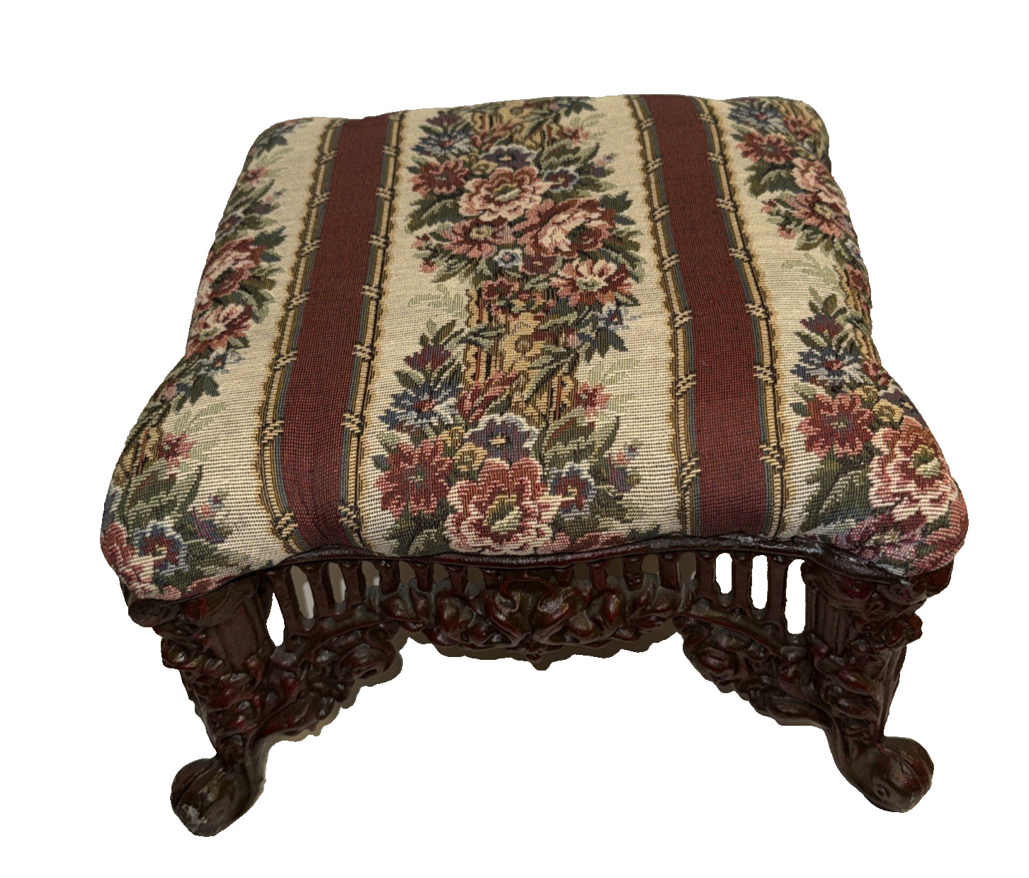 Vintage Victorian Cushioned Cast Iron Foot Stool Heavy Ottoman Tapestry 14x14x8”