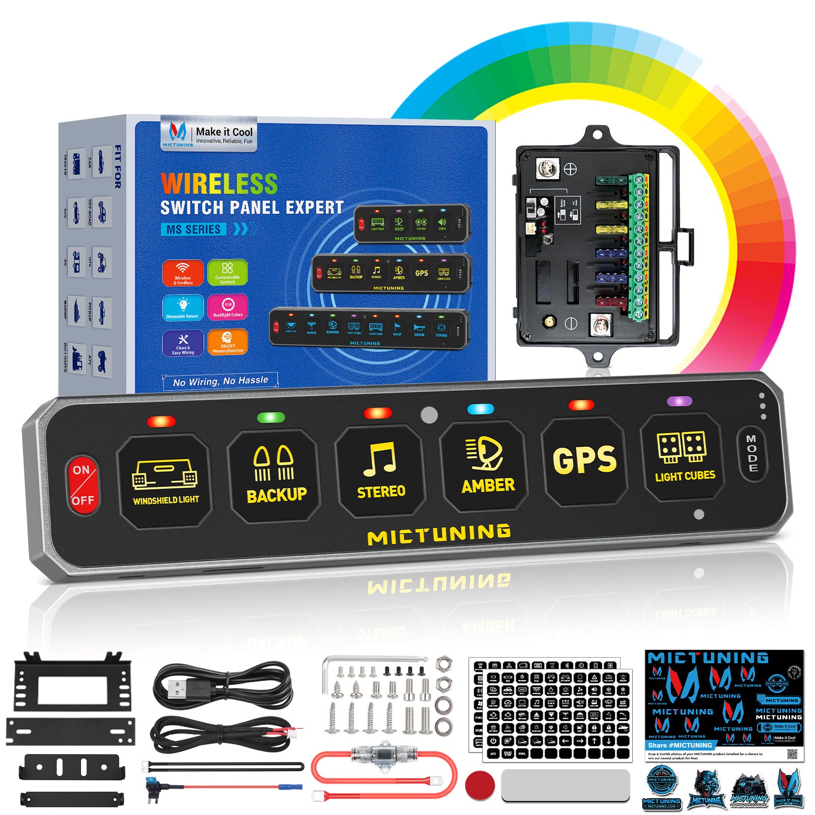 MICTUNING Wireless 6 Gang Switch Panel On/Off LED Relay System Kit 12v/24v Boat