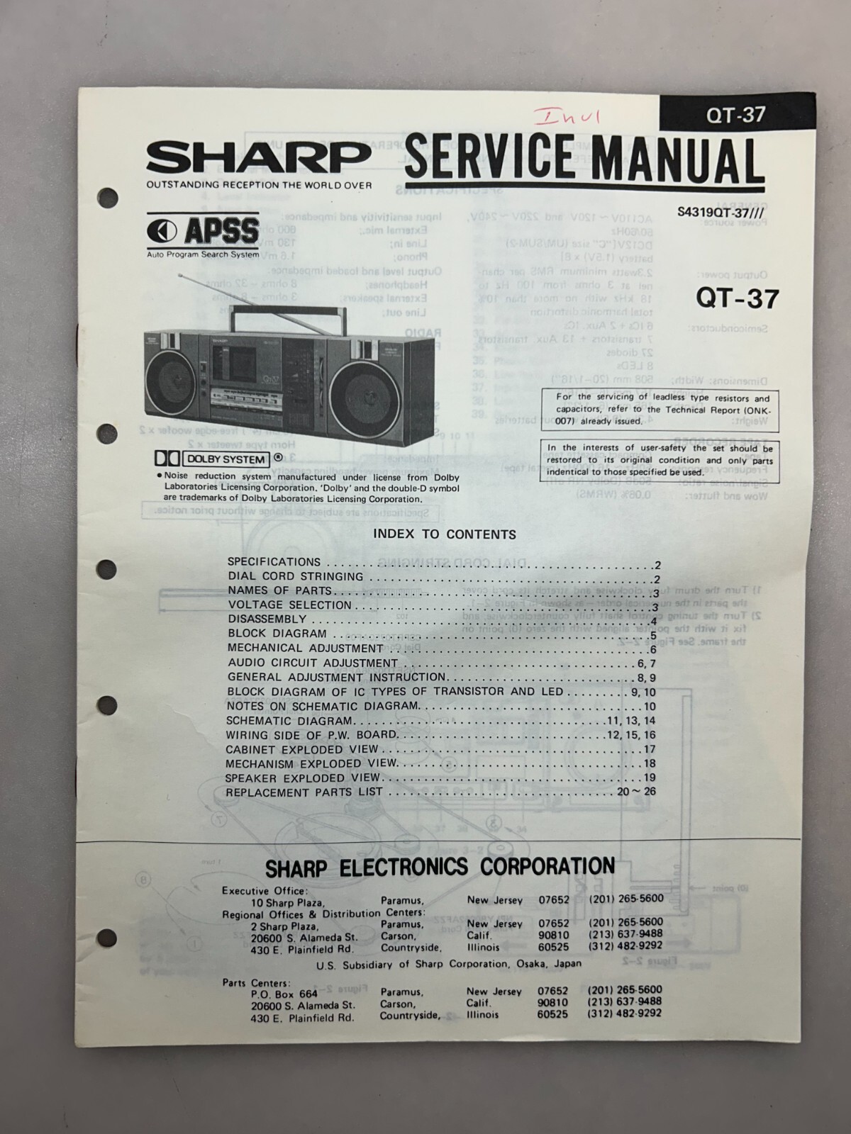 Sharp QT-37 Original Service Manual Free Shipping