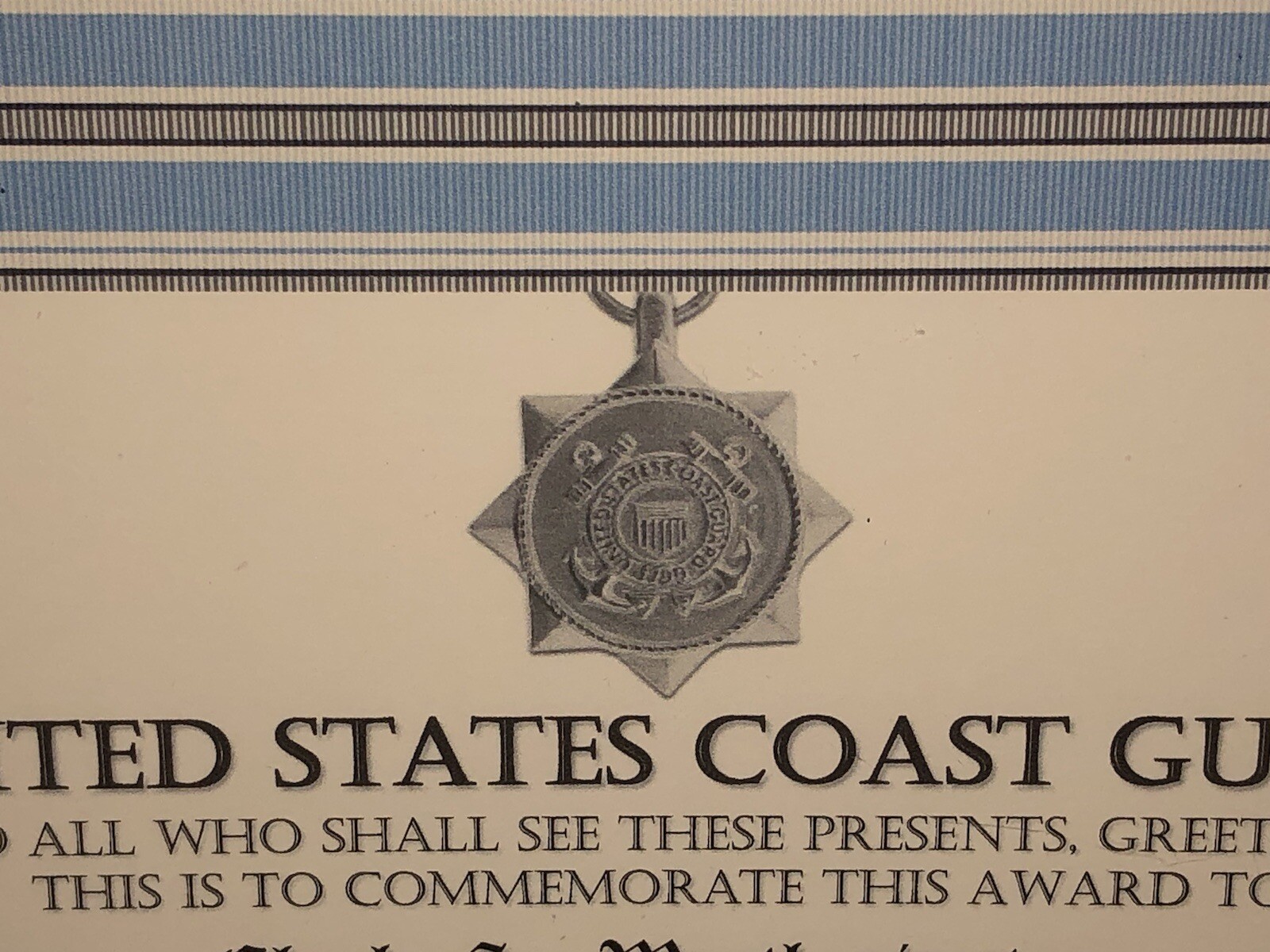 USCG MERITORIOUS PUBLIC SERVICE COMMEMORATIVE AWARD CERTIFICATE Type-1