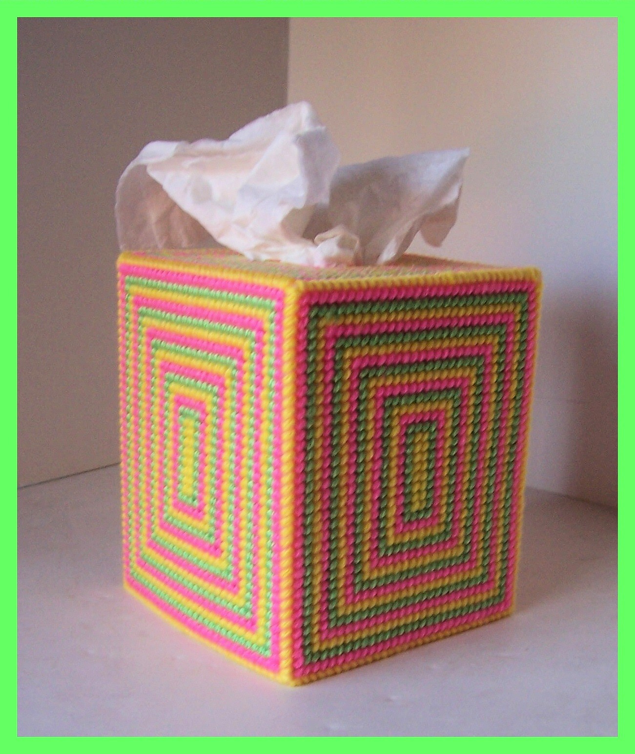YELLOW NEON GREEN PINK NURSERY HANDMADE PLASTIC CANVAS TISSUE BOX COVER TOPPER