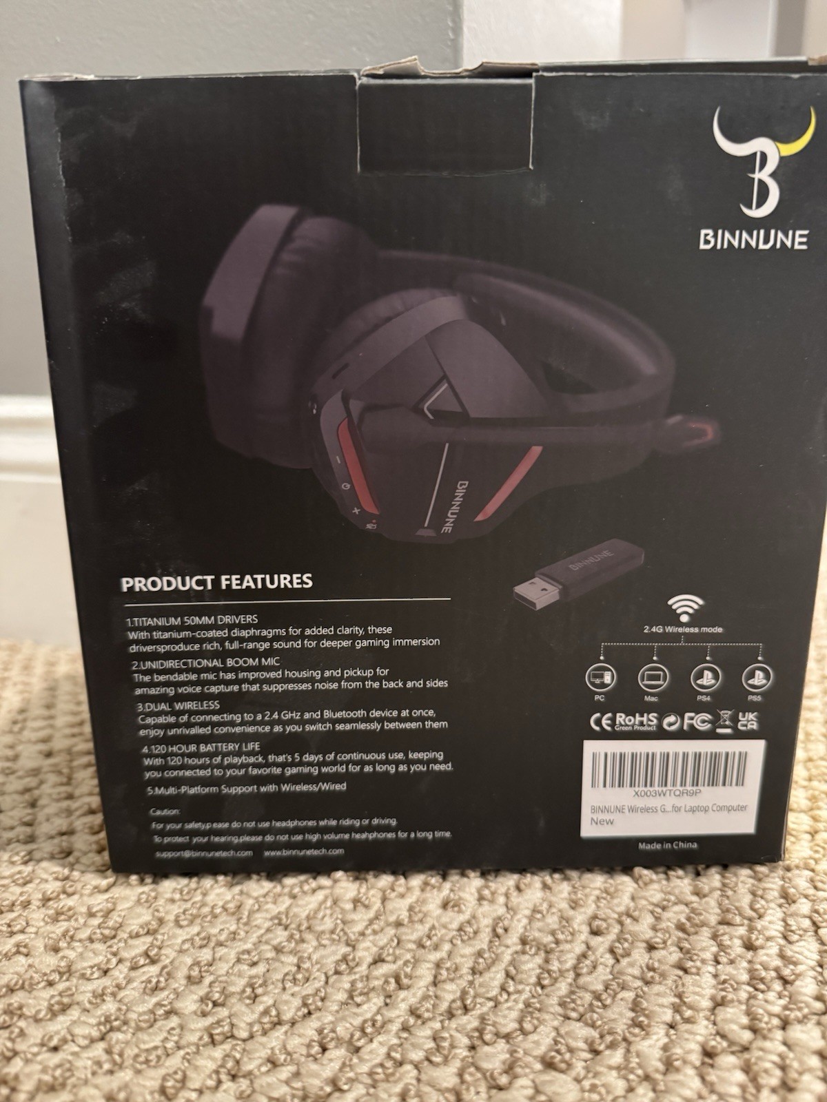 Binnune BW01 Wireless Bluetooth Gaming Headset w Microphone for PC PS4 PS5