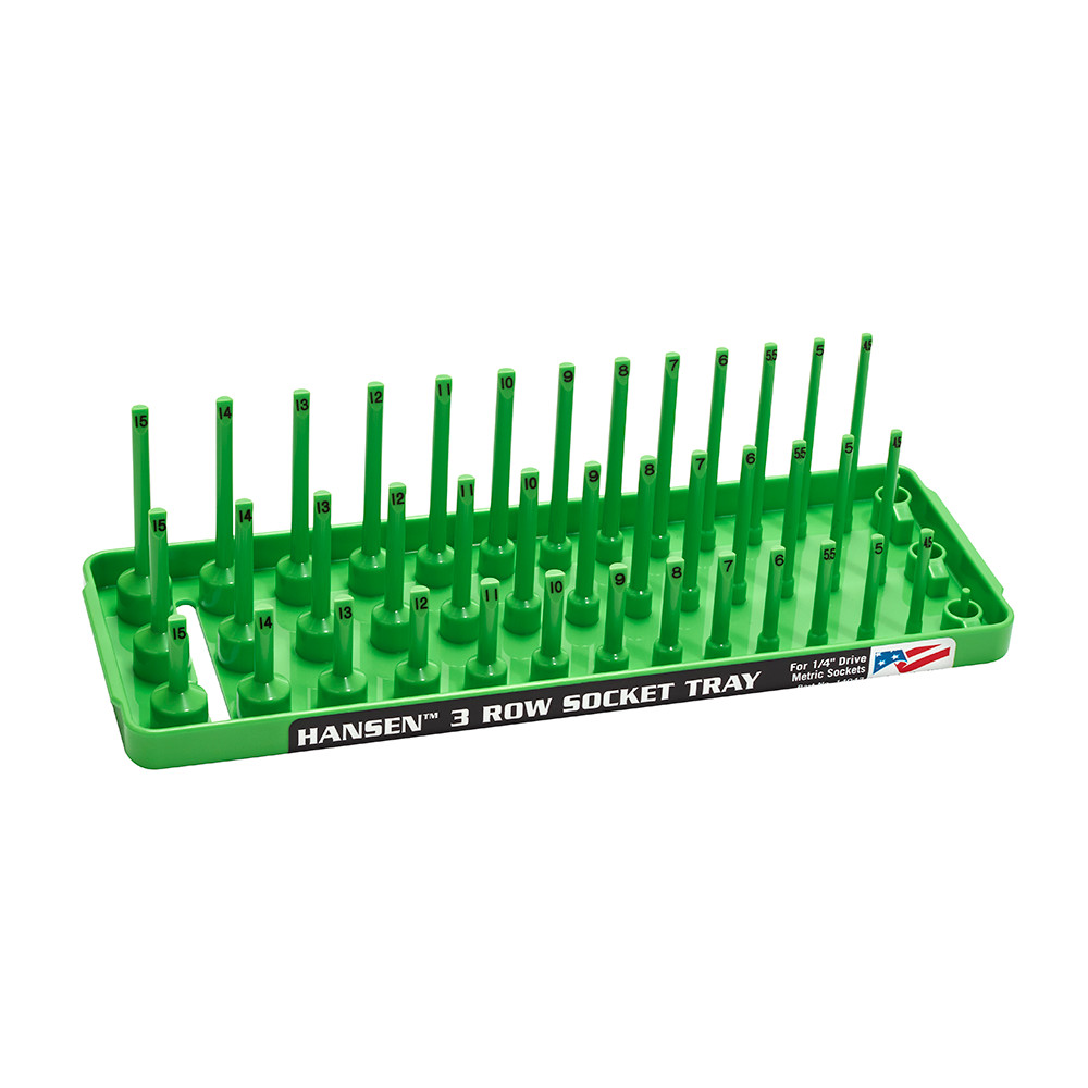 Hansen 1/4" Socket Tray Organizer Holder 3 Row Metric MM Shallow Semi Deep Green