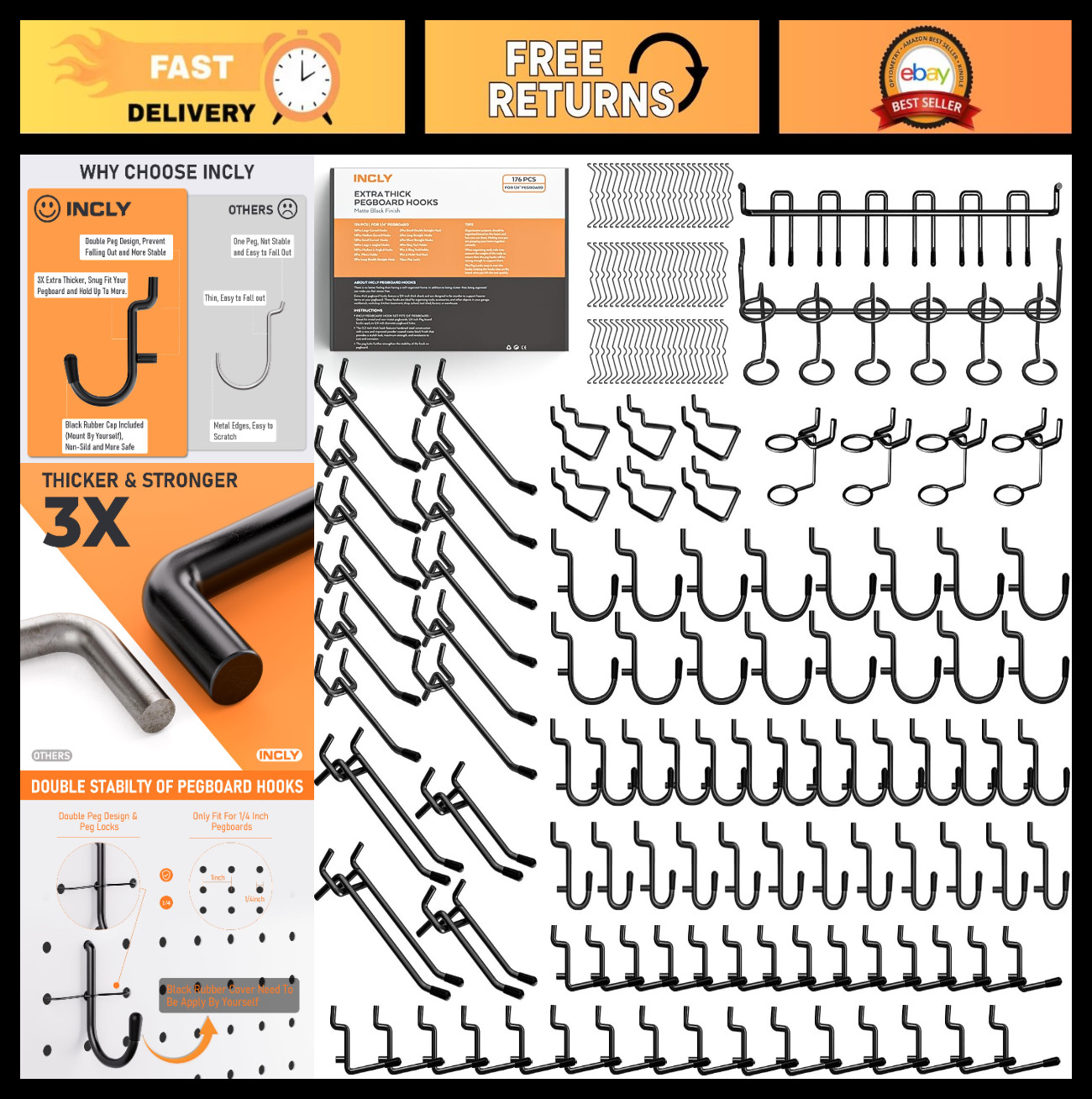 176PCS Heavy Duty Pegboard Hooks Set - Extra Thick Black Metal Assortment for Ga