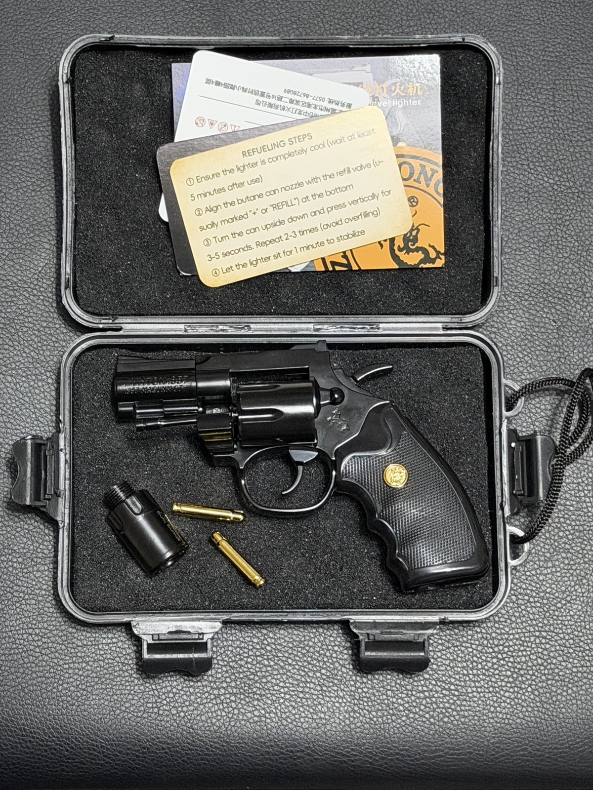 Gun-Shaped Lighter, Black Gold, butane, muffler, collectible novelty