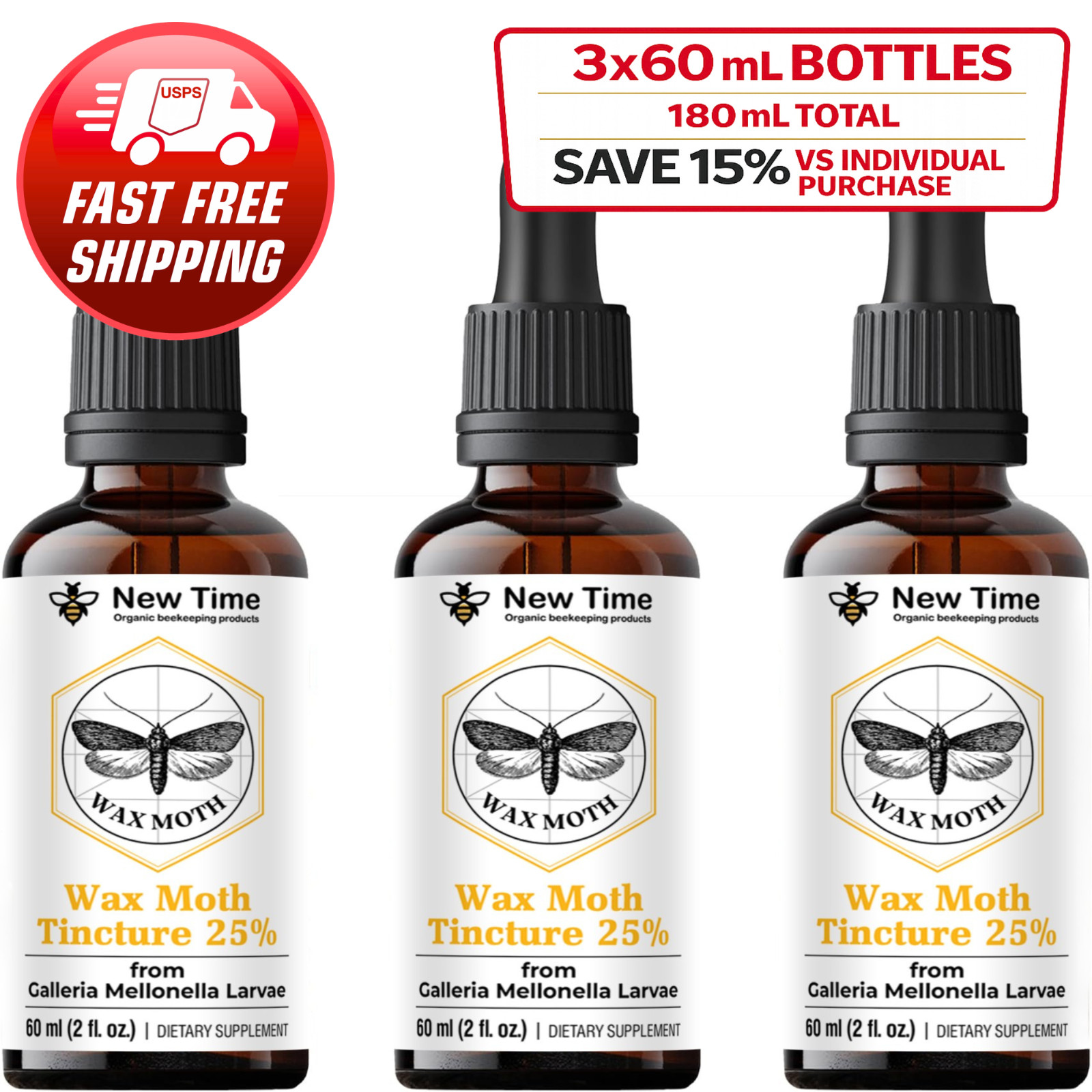 3-Bottles Wax Moth Tincture 3 x 60 ml Galleria Mellonella Extract, Liquid Drops