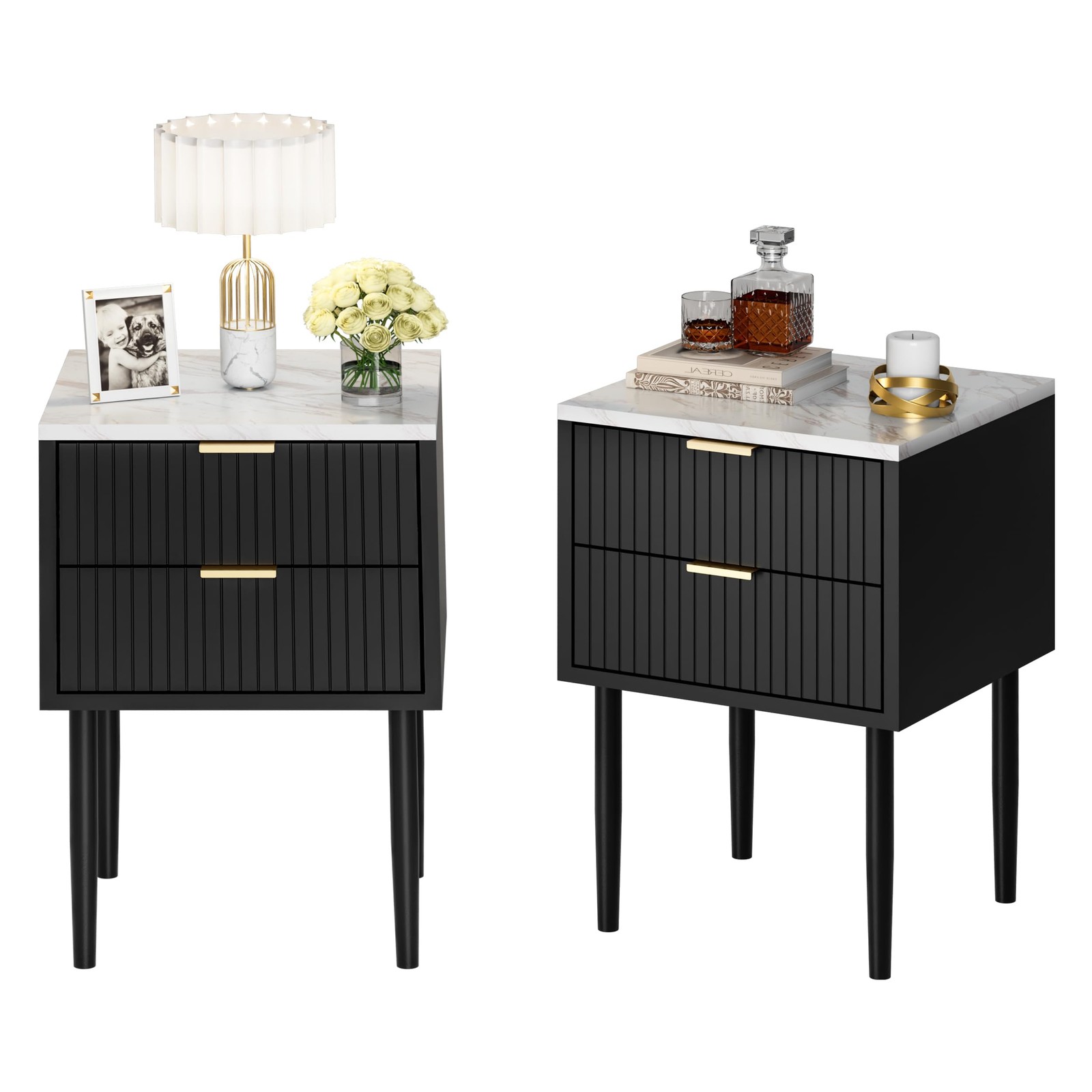 Set of 2 Black Nightstands Two Drawers Gold Handles Faux Marble Top