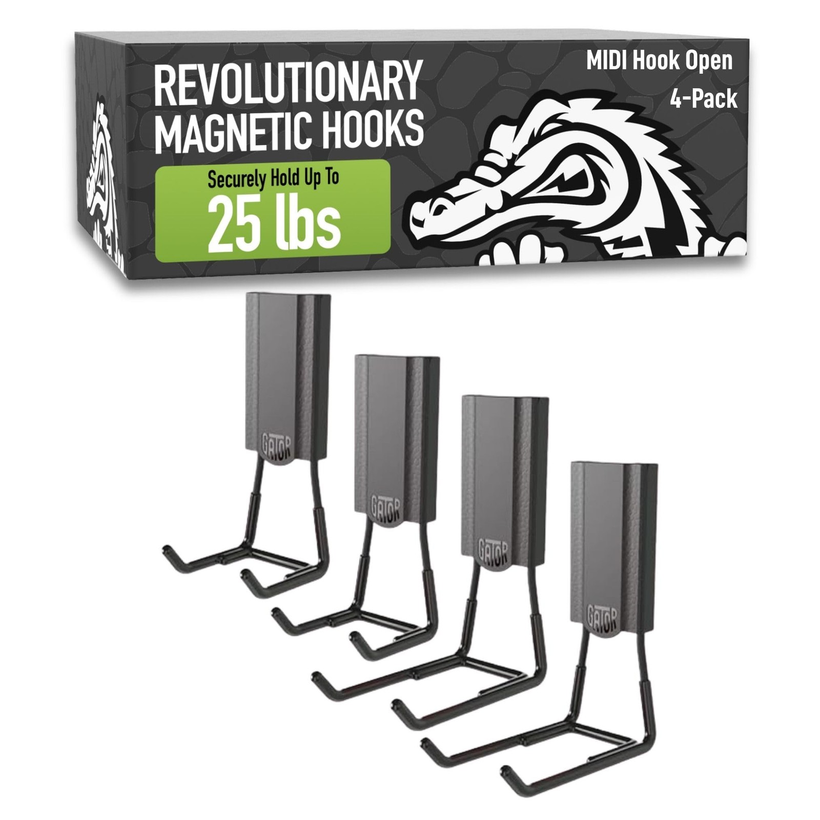 GATOR MAGNETICS MIDI 2.5 & 4" Open Hooks, 25 lb Heavy Duty 4 Pack, Black